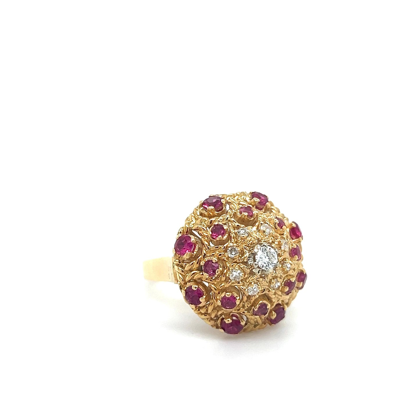 Estate Diamond & Ruby Gemstone Bombe Ring 18k Yellow Gold