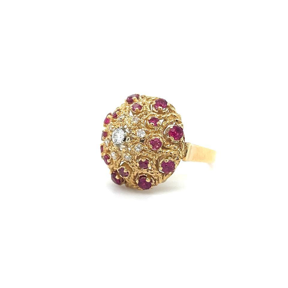 Estate Diamond & Ruby Gemstone Bombe Ring 18k Yellow Gold