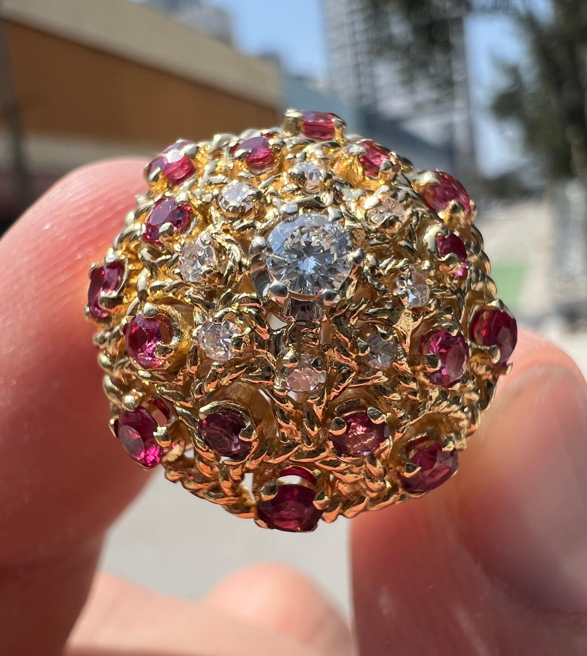 Estate Diamond & Ruby Gemstone Bombe Ring 18k Yellow Gold