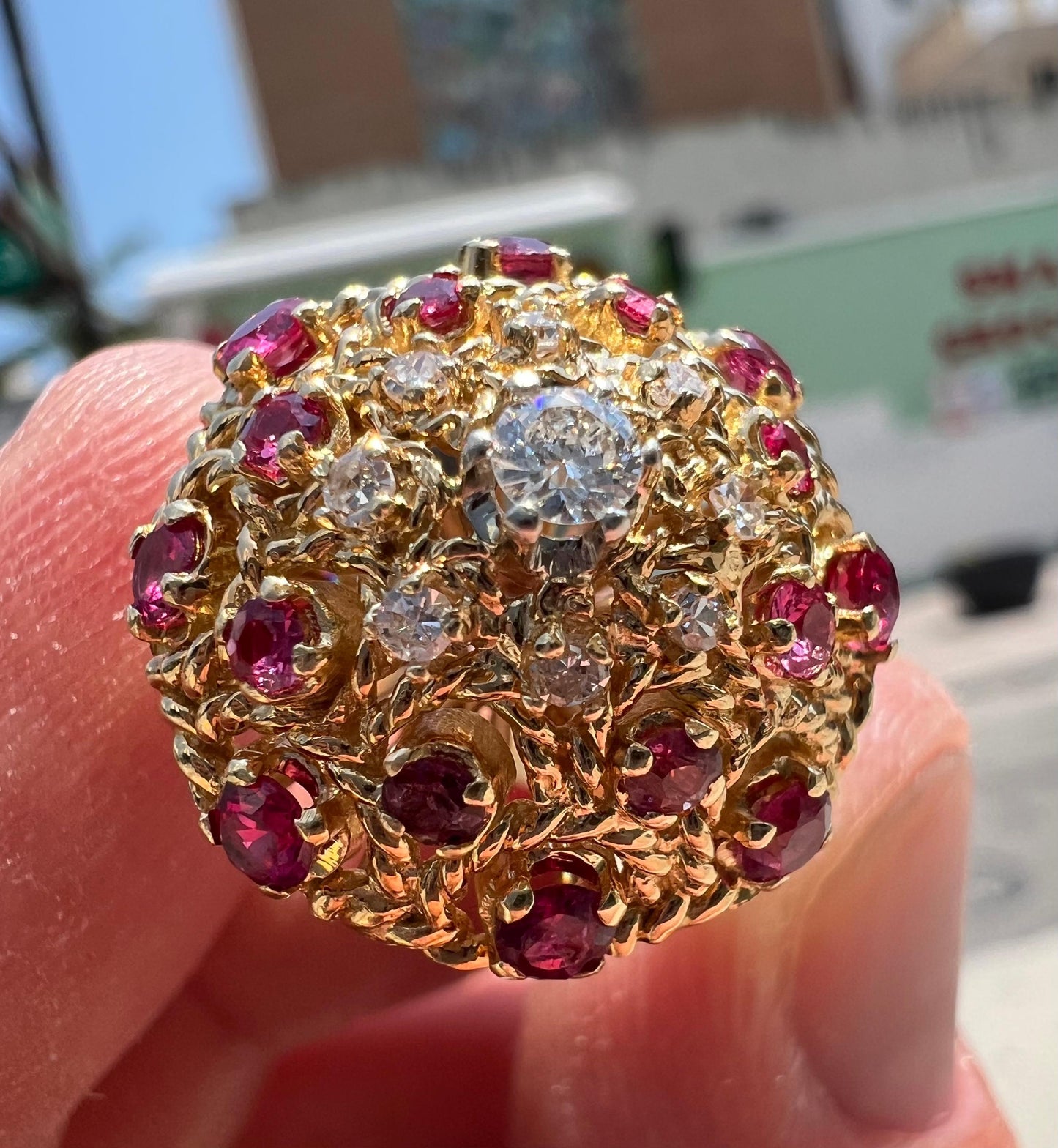 Estate Diamond & Ruby Gemstone Bombe Ring 18k Yellow Gold