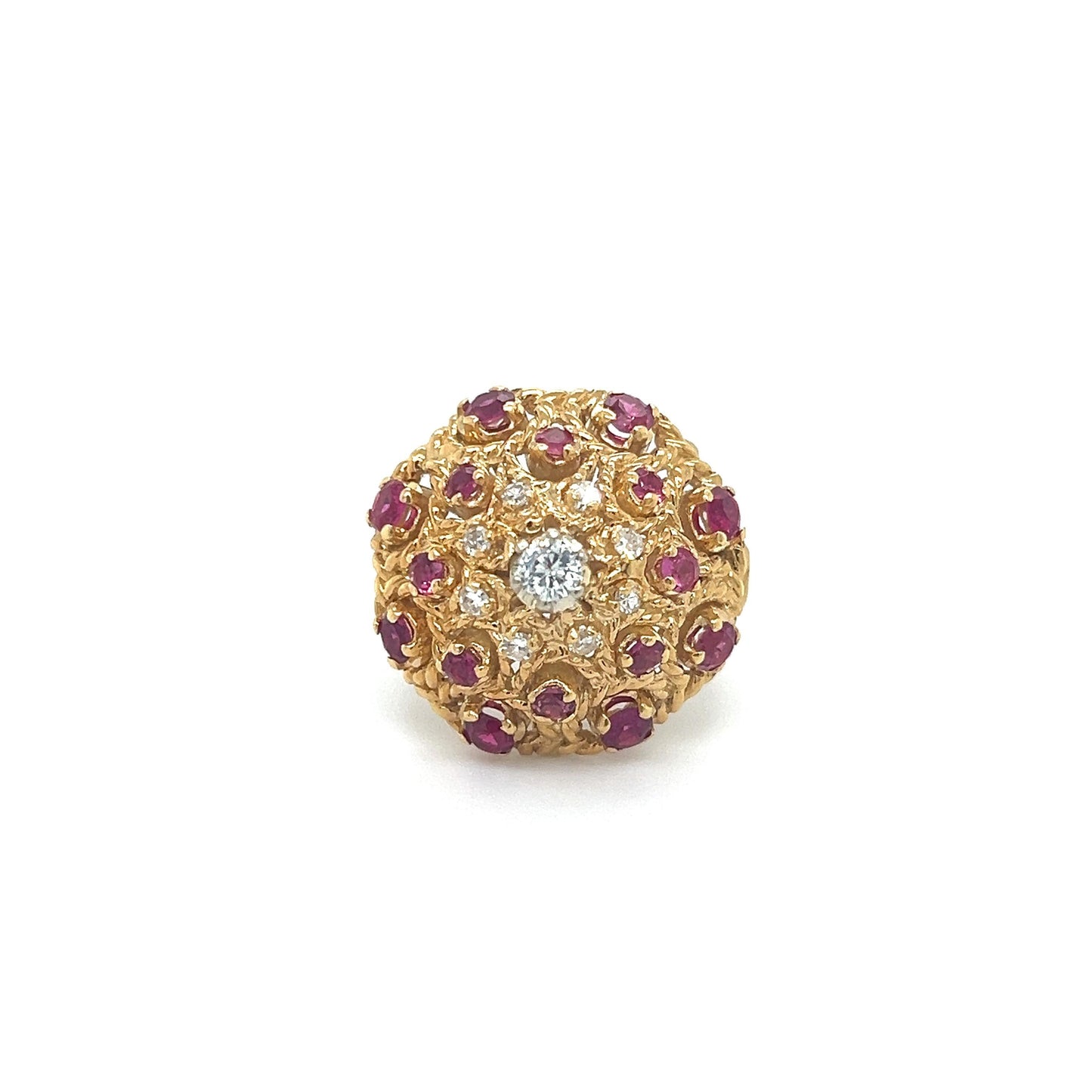 Estate Diamond & Ruby Gemstone Bombe Ring 18k Yellow Gold
