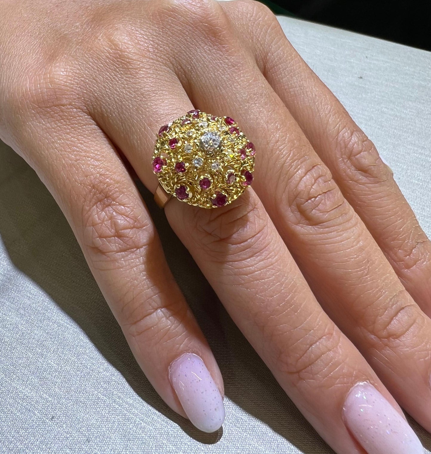 Estate Diamond & Ruby Gemstone Bombe Ring 18k Yellow Gold