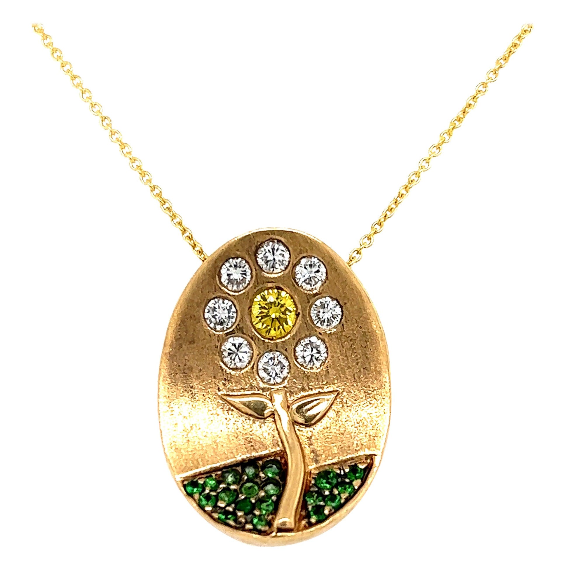 Fancy Vivid Yellow Diamond Flower Pendant 18k Gold