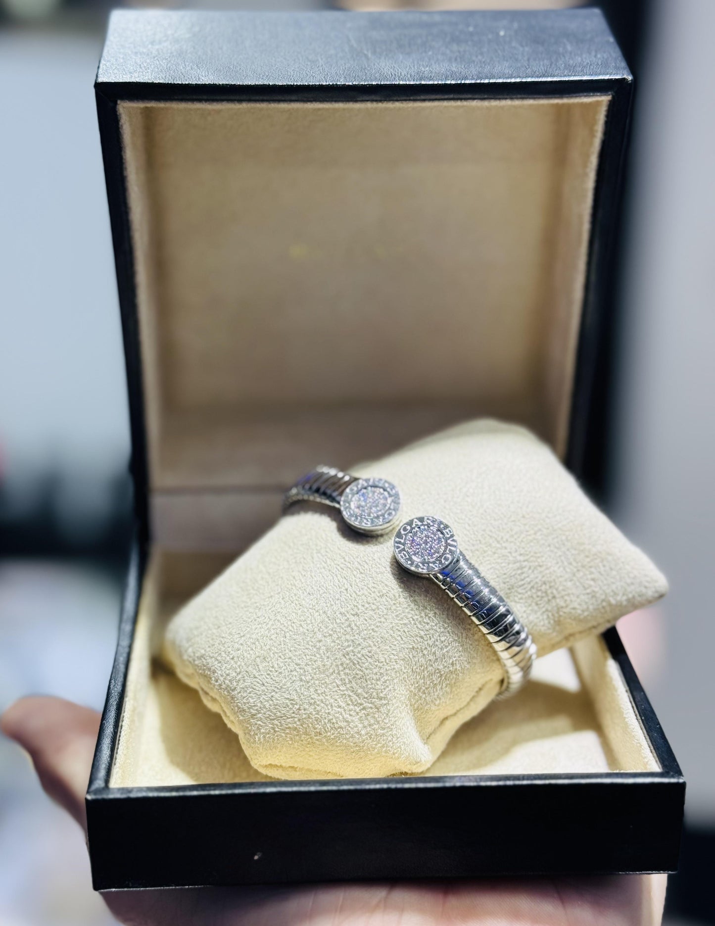 Bulgari Tubogas Diamond Cuff Bangle in Stainless Steel