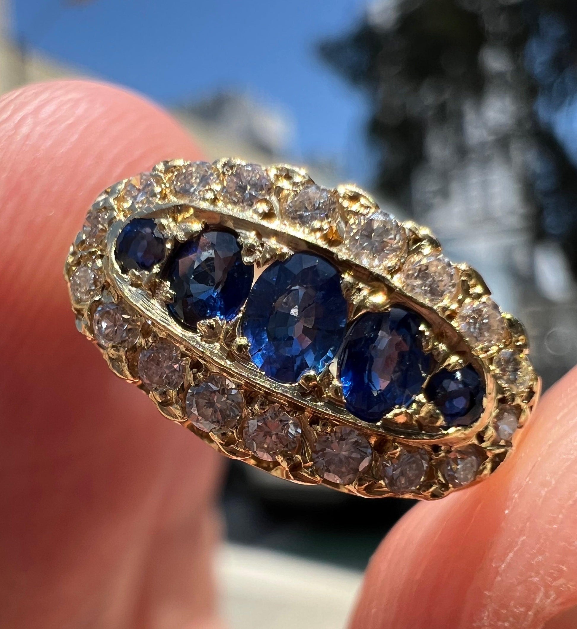 Mid Century Diamond & Blue Sapphire Yellow Gold Statment Ring