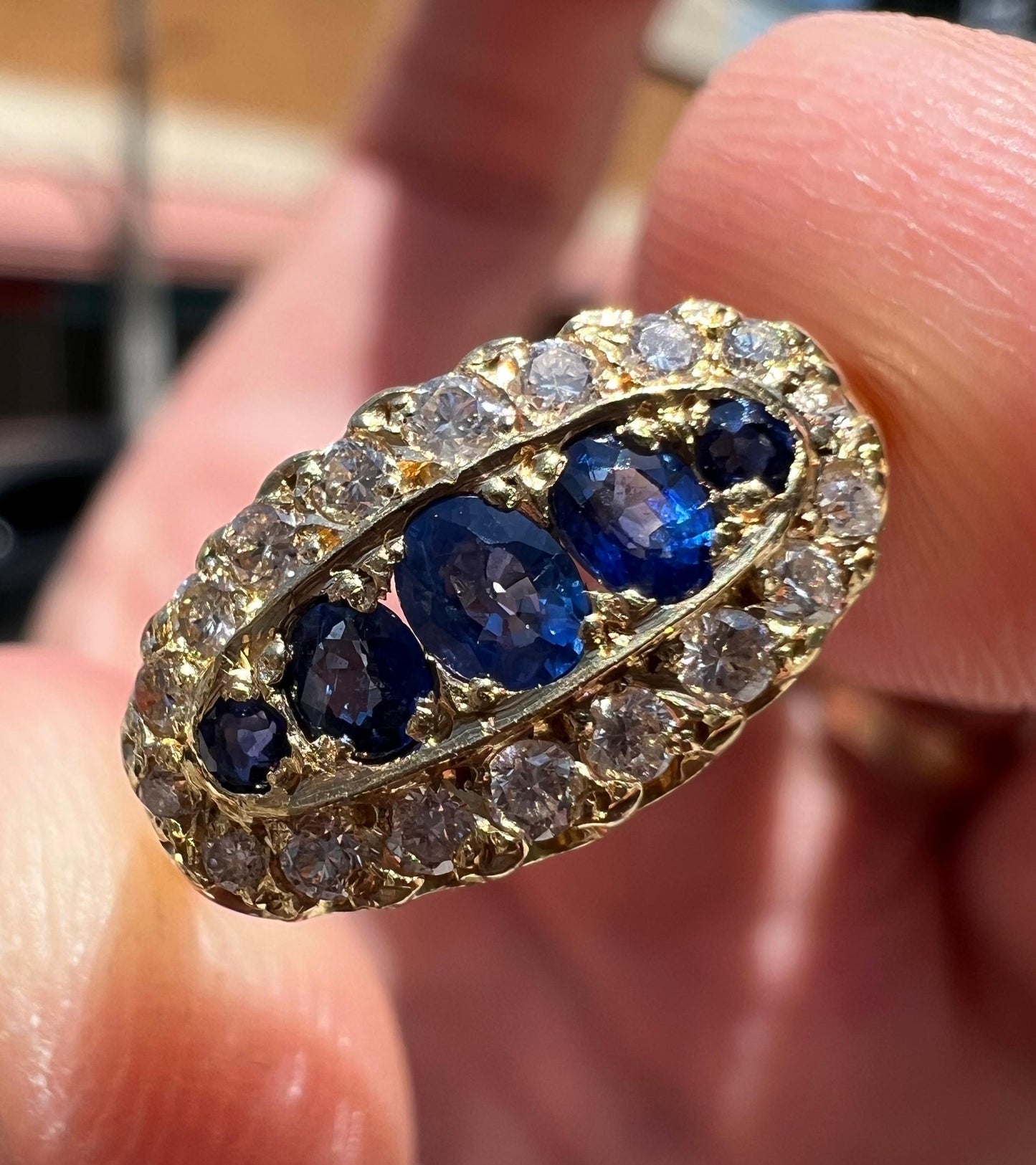 Mid Century Diamond & Blue Sapphire Yellow Gold Statment Ring