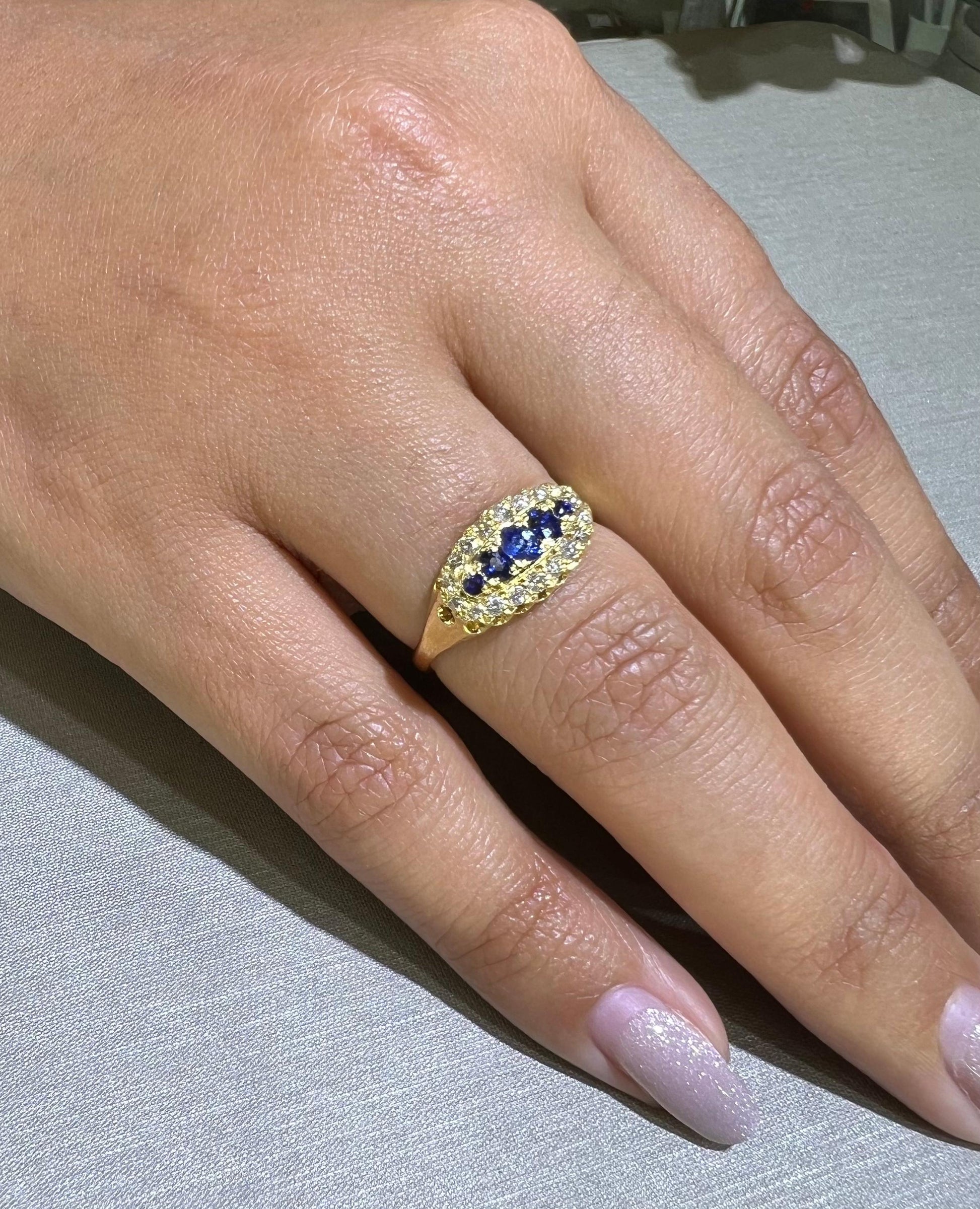 Mid Century Diamond & Blue Sapphire Yellow Gold Statment Ring
