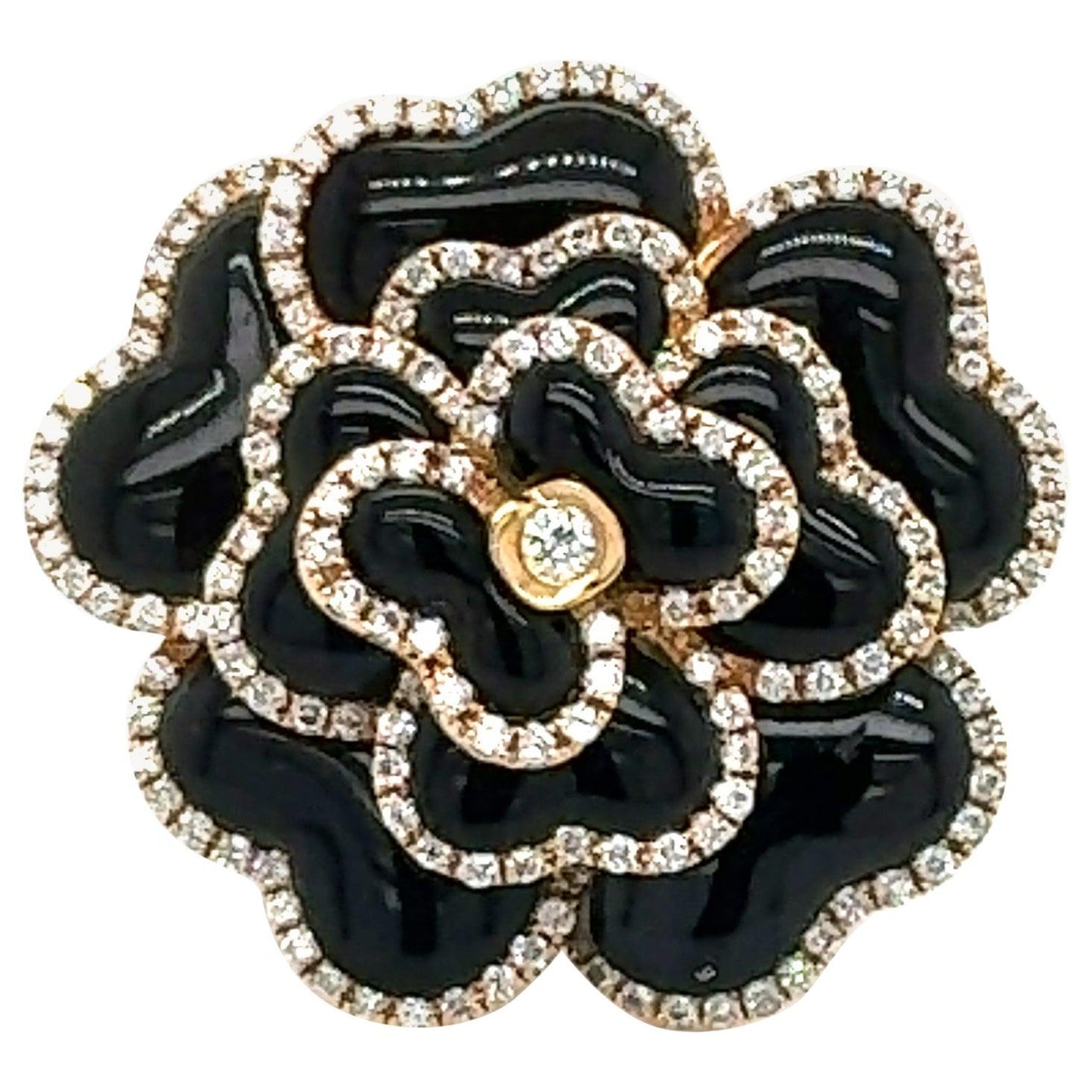 Modern Black Onyx & Diamond Rose Flower 18k Rose Gold Cocktail Ring