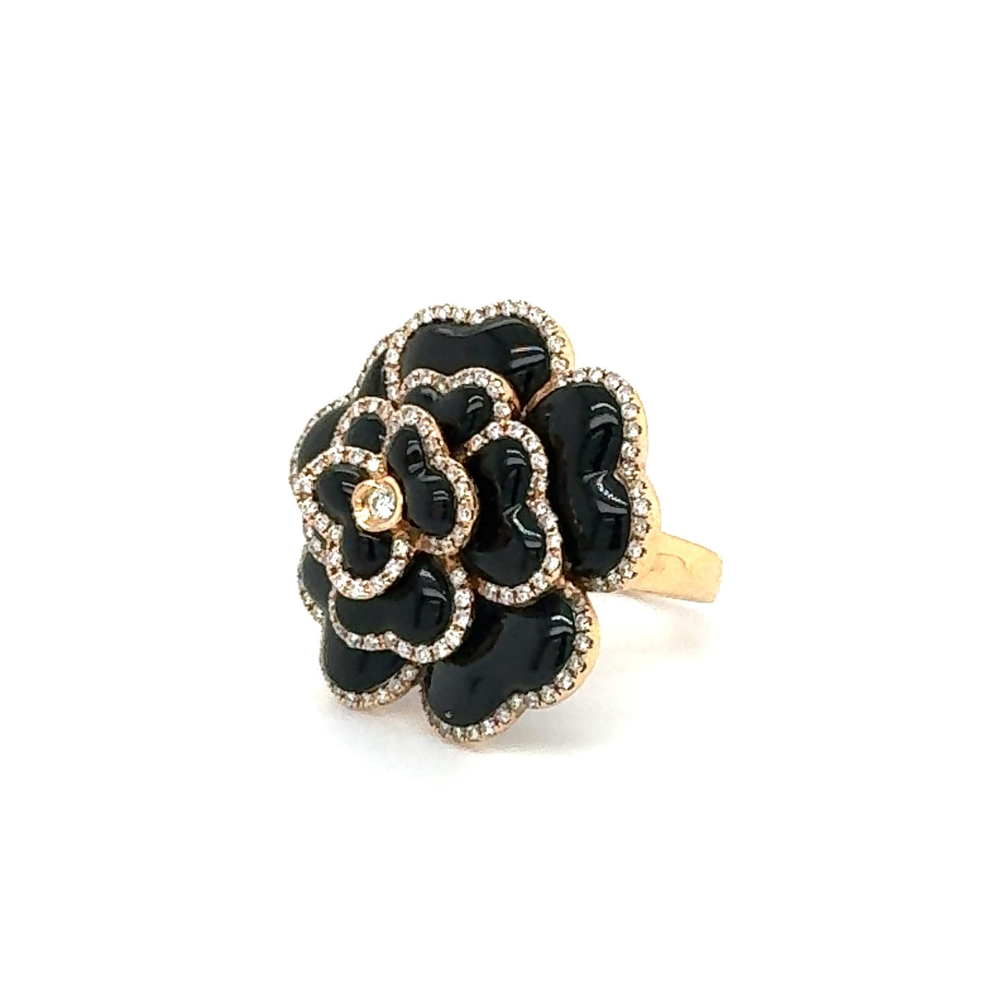 Modern Black Onyx & Diamond Rose Flower 18k Rose Gold Cocktail Ring