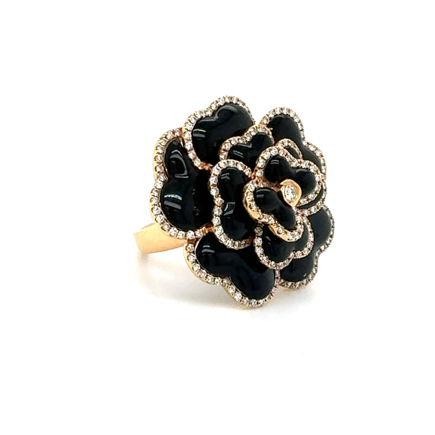 Modern Black Onyx & Diamond Rose Flower 18k Rose Gold Cocktail Ring