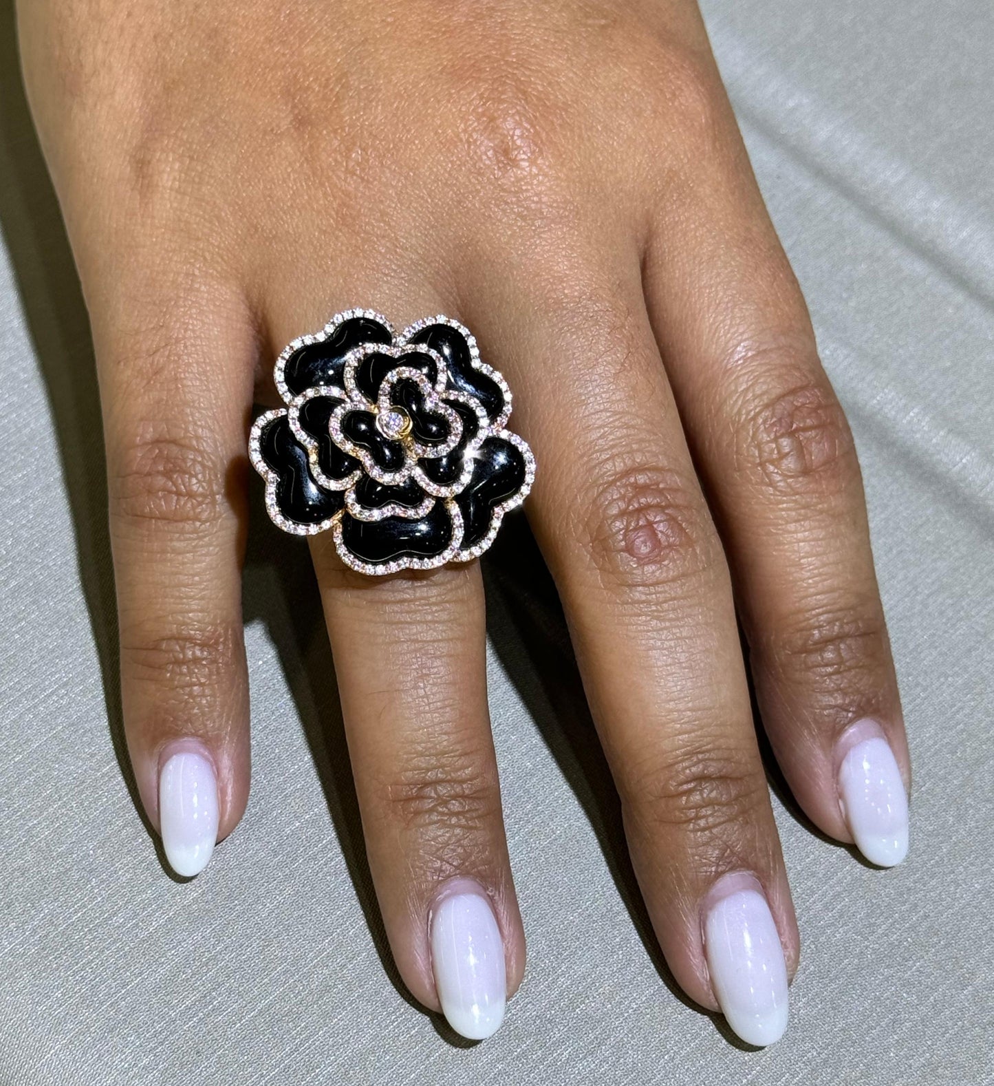 Modern Black Onyx & Diamond Rose Flower 18k Rose Gold Cocktail Ring