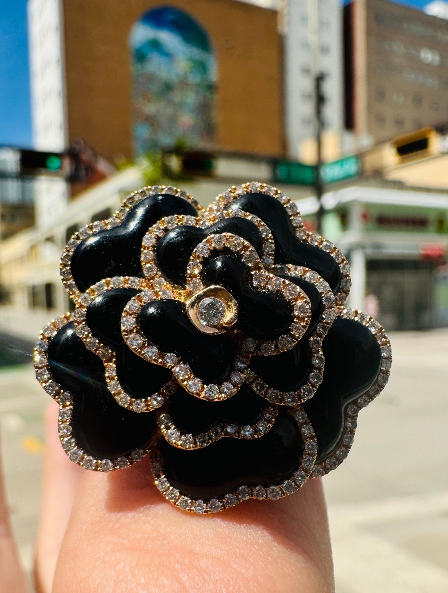 Modern Black Onyx & Diamond Rose Flower 18k Rose Gold Cocktail Ring