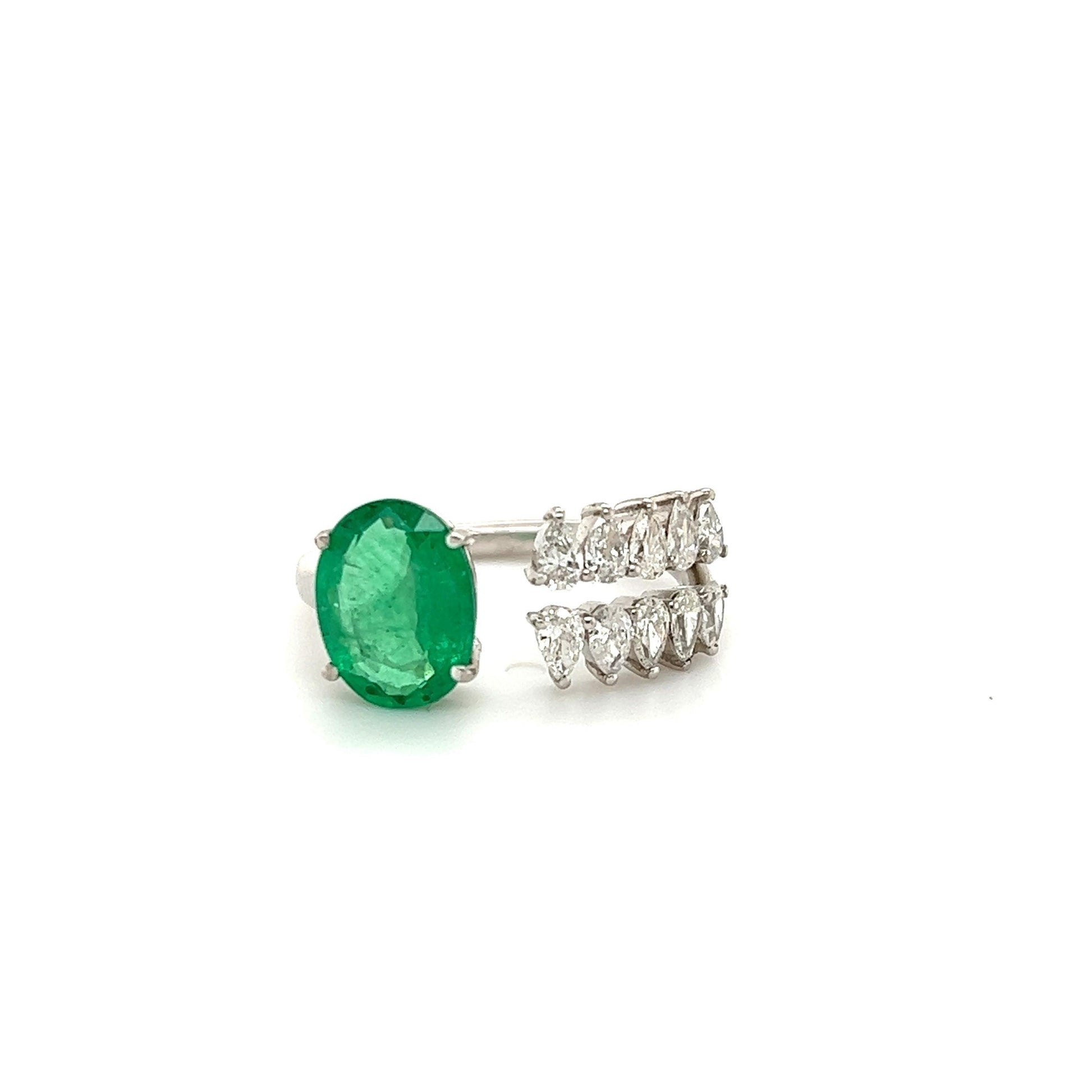 Modern Open Design Diamond & Emerald By-Pass Ring