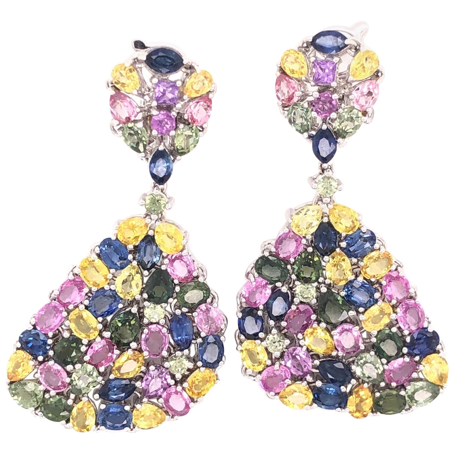 Multi-Color Sapphire Gemstone Dangle Earrings 18 Karat White Gold