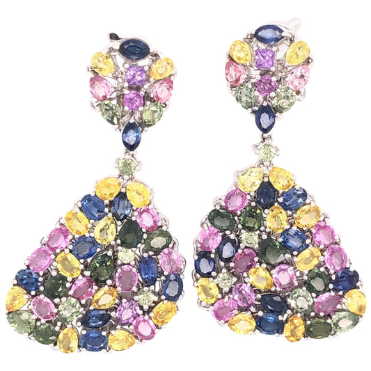 Multi-Color Sapphire Gemstone Dangle Earrings 18 Karat White Gold