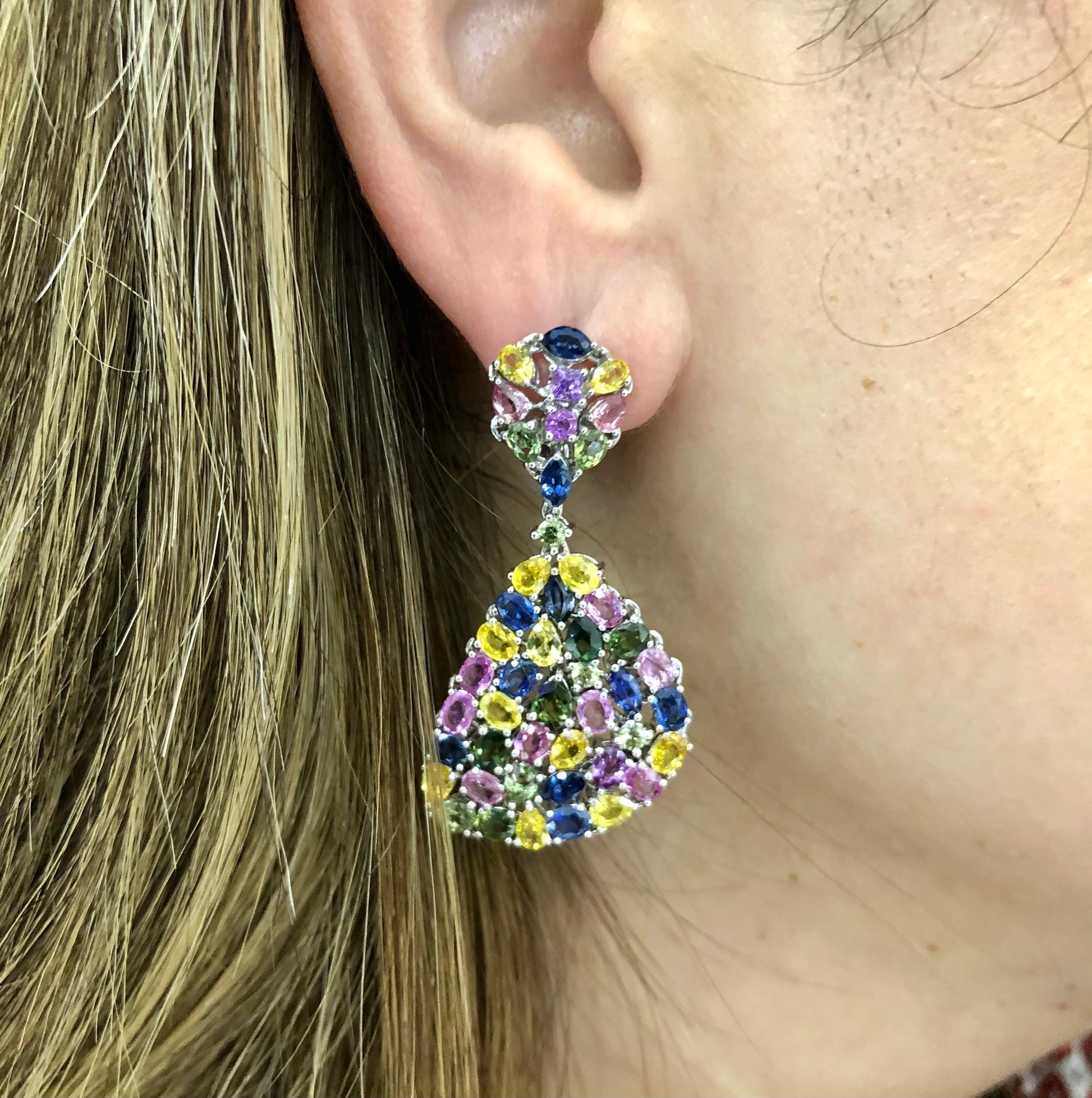Multi-Color Sapphire Gemstone Dangle Earrings 18 Karat White Gold