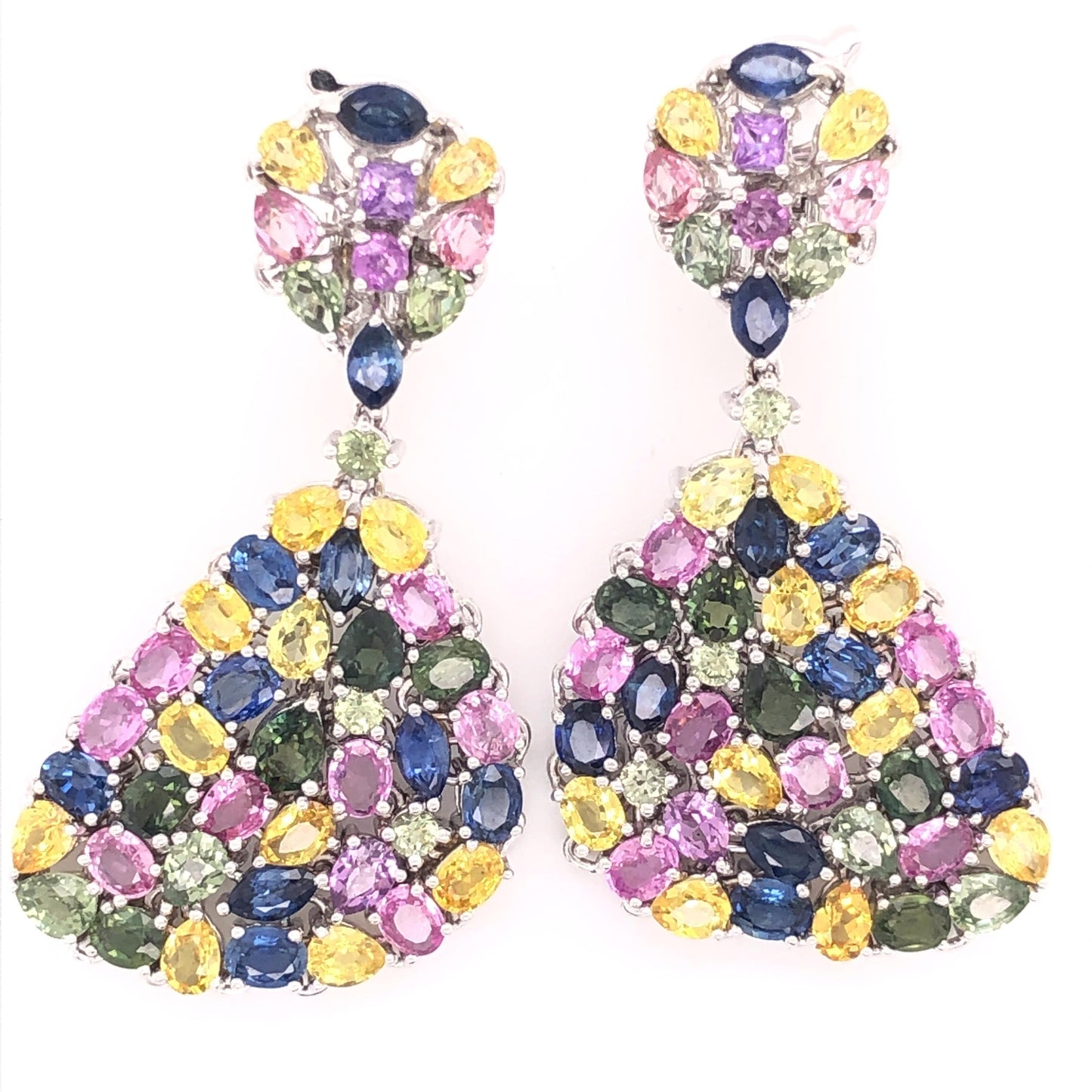 Multi-Color Sapphire Gemstone Dangle Earrings 18 Karat White Gold