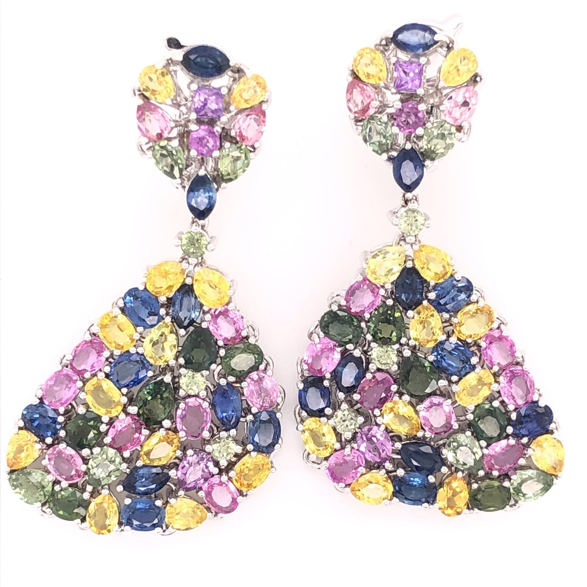 Multi-Color Sapphire Gemstone Dangle Earrings 18 Karat White Gold