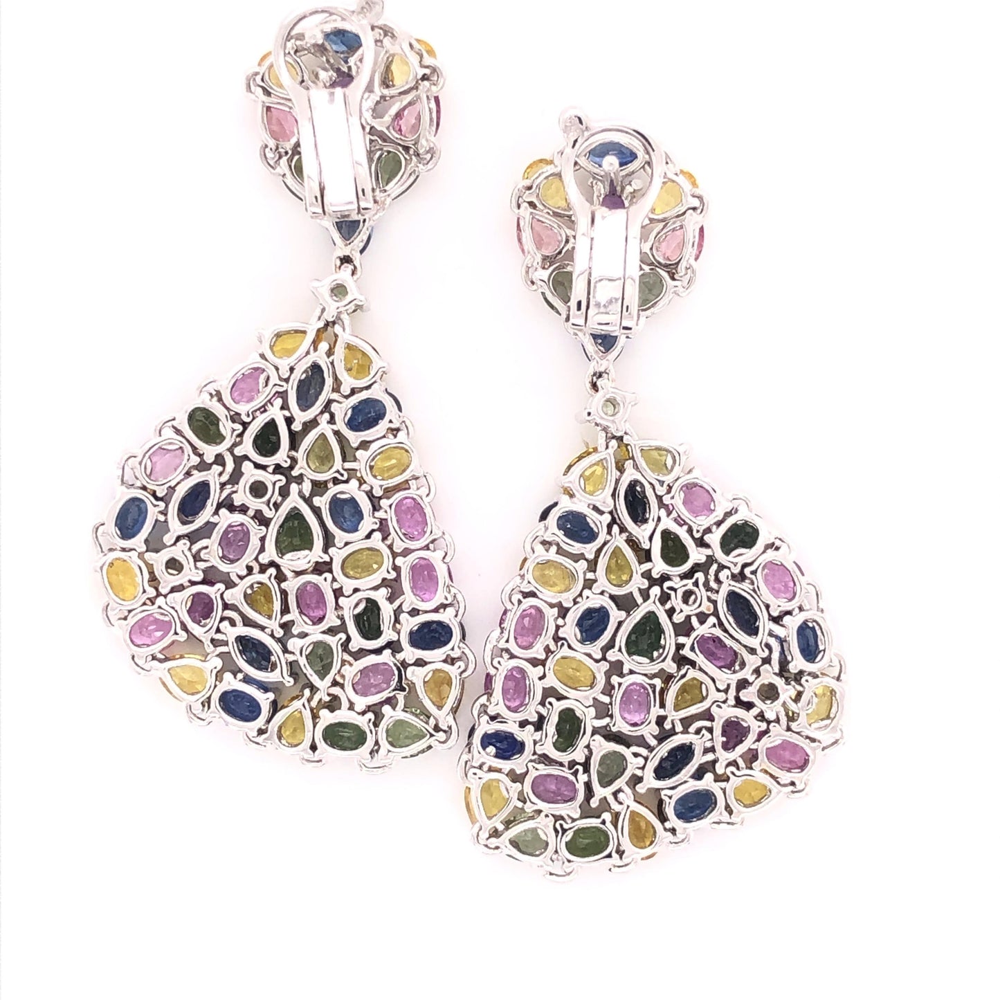 Multi-Color Sapphire Gemstone Dangle Earrings 18 Karat White Gold