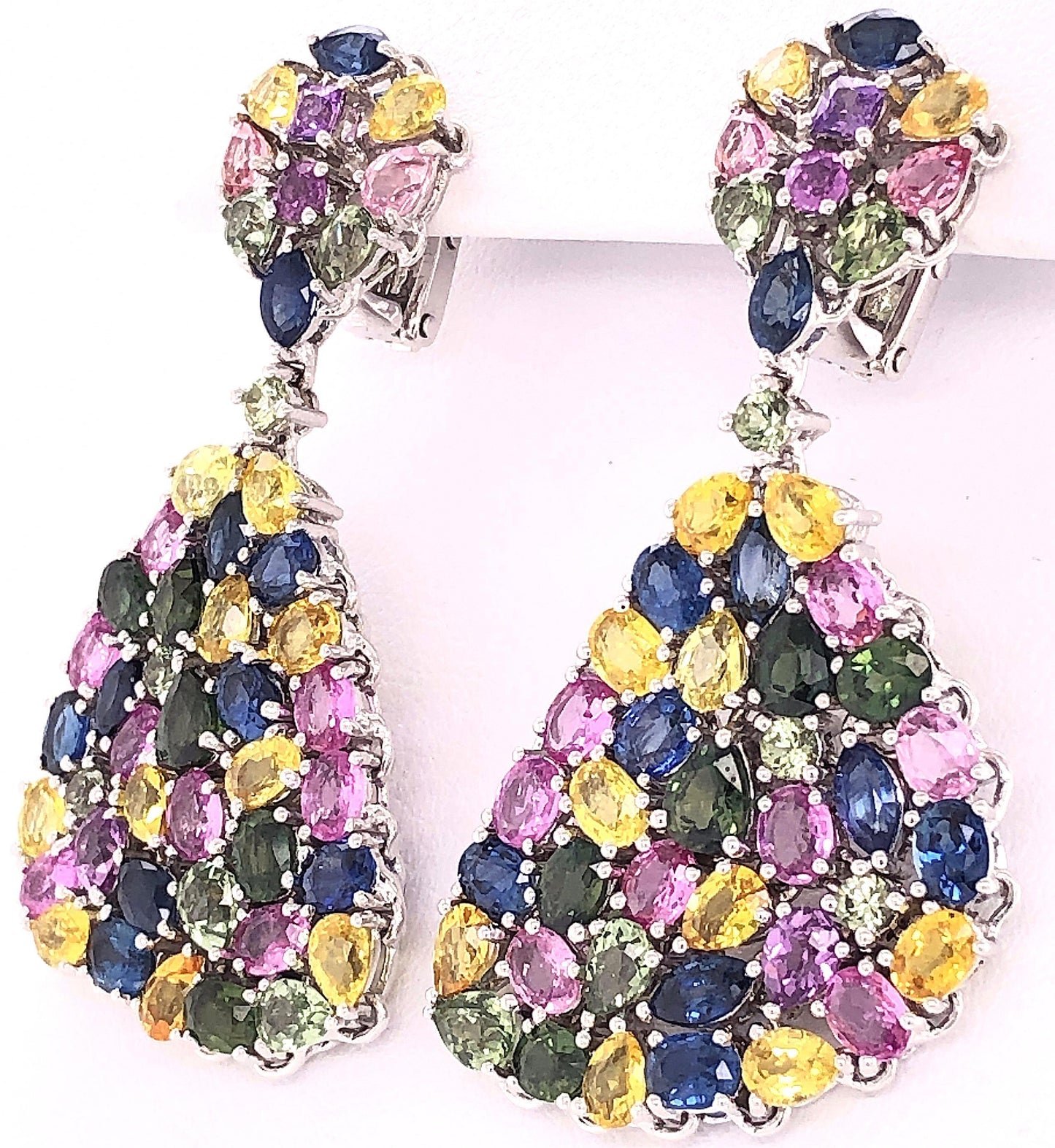 Multi-Color Sapphire Gemstone Dangle Earrings 18 Karat White Gold