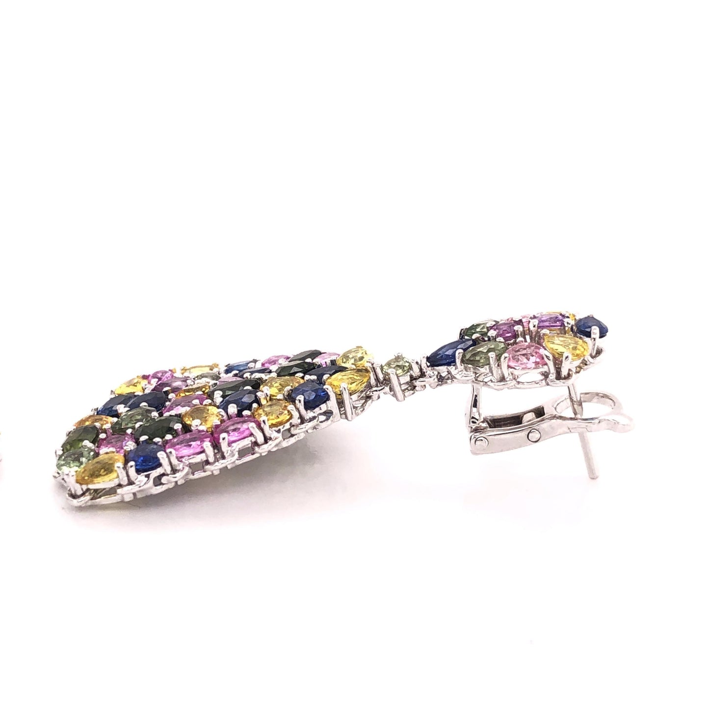 Multi-Color Sapphire Gemstone Dangle Earrings 18 Karat White Gold