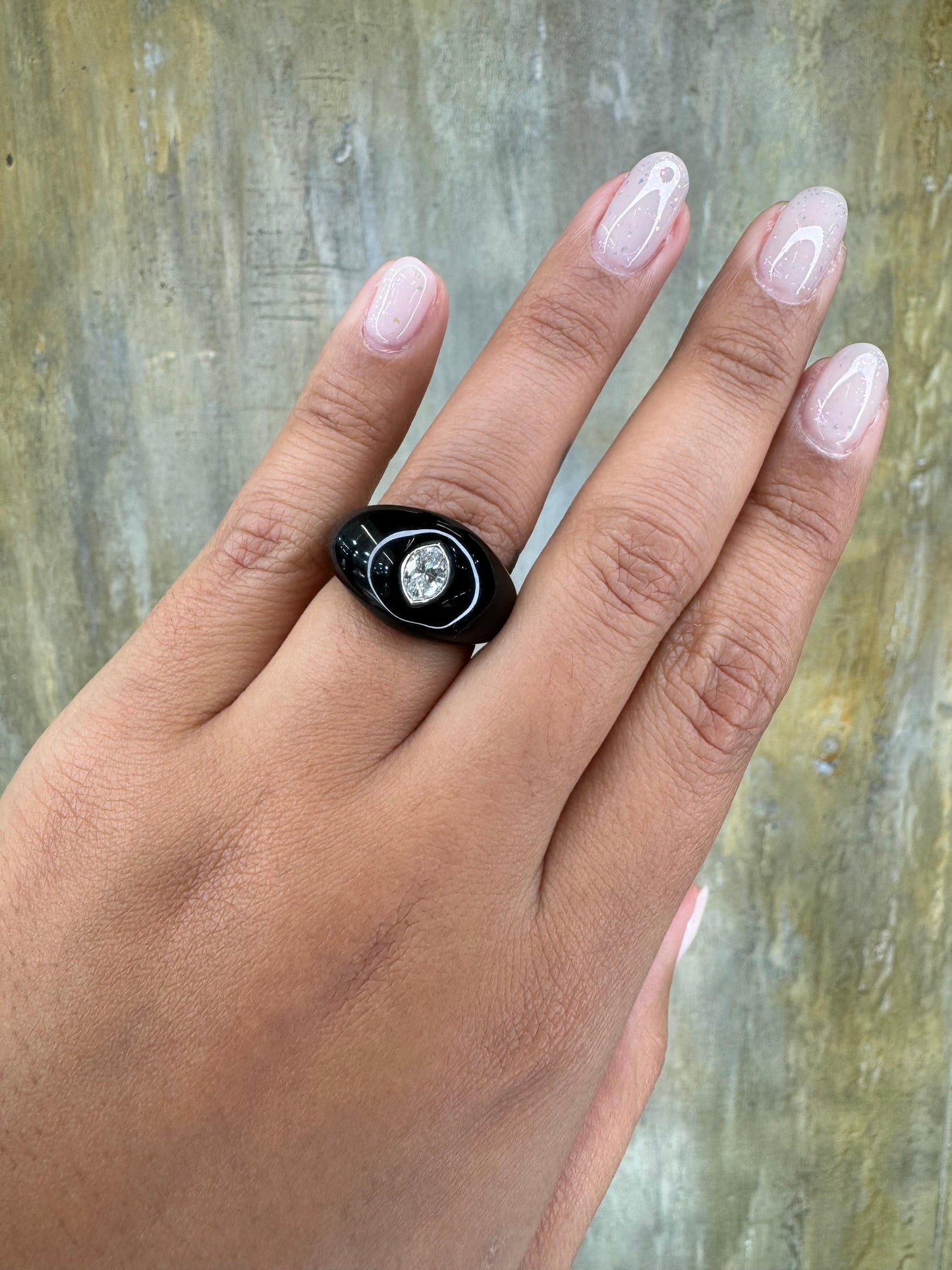 Natural Pear Shaped Diamond Gypsy Ring Black Resin 18k White Gold