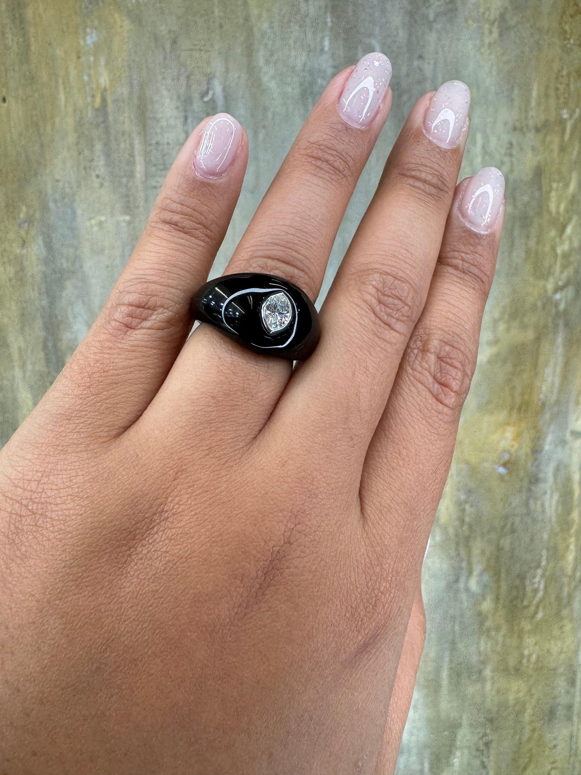 Natural Pear Shaped Diamond Gypsy Ring Black Resin 18k White Gold