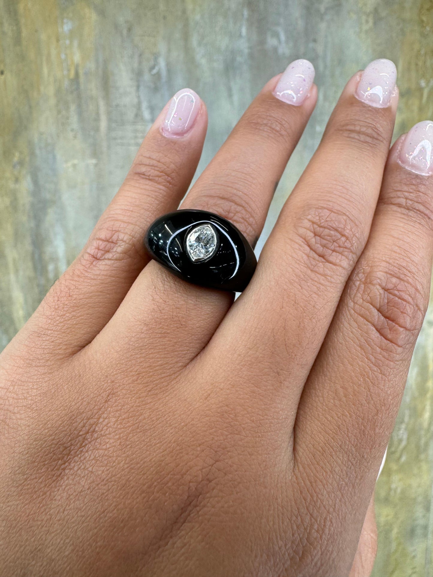 Natural Pear Shaped Diamond Gypsy Ring Black Resin 18k White Gold