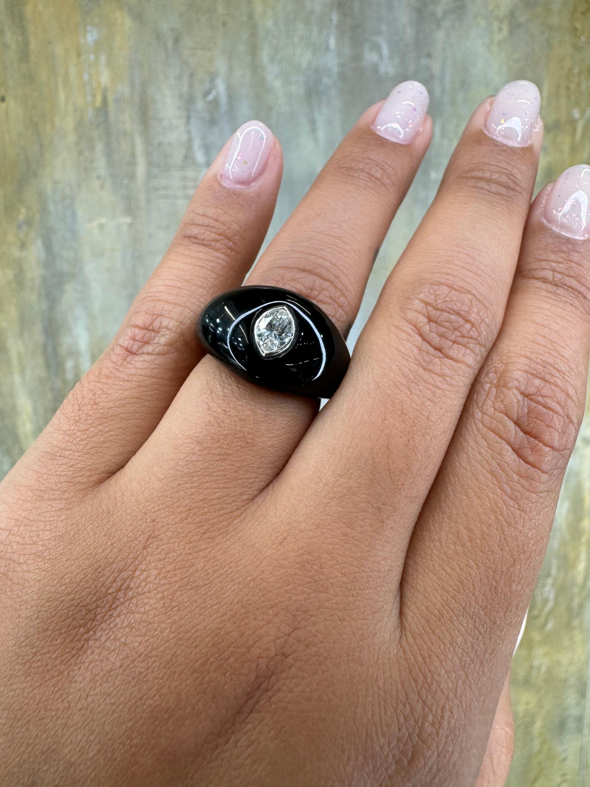 Natural Pear Shaped Diamond Gypsy Ring Black Resin 18k White Gold