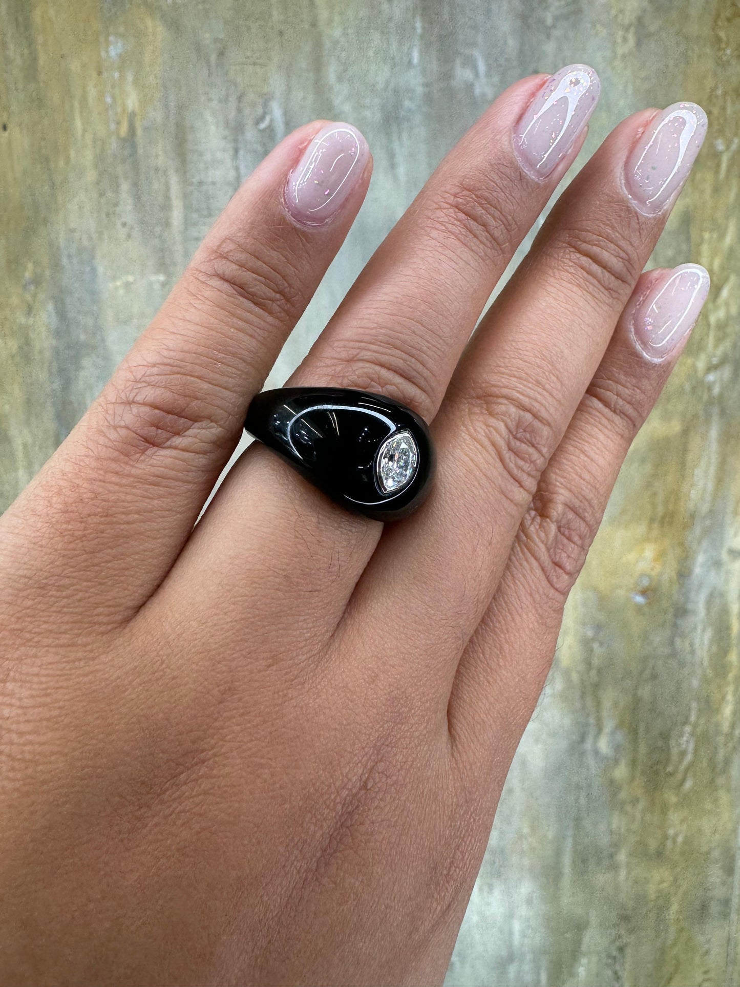 Natural Pear Shaped Diamond Gypsy Ring Black Resin 18k White Gold