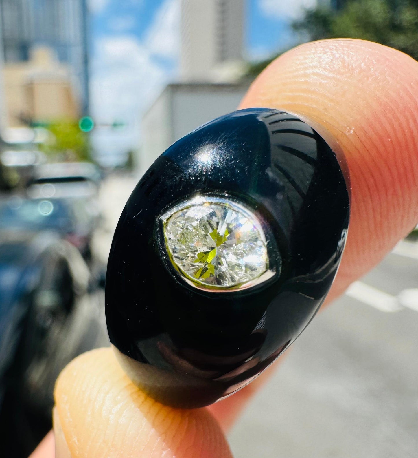 Natural Pear Shaped Diamond Gypsy Ring Black Resin 18k White Gold