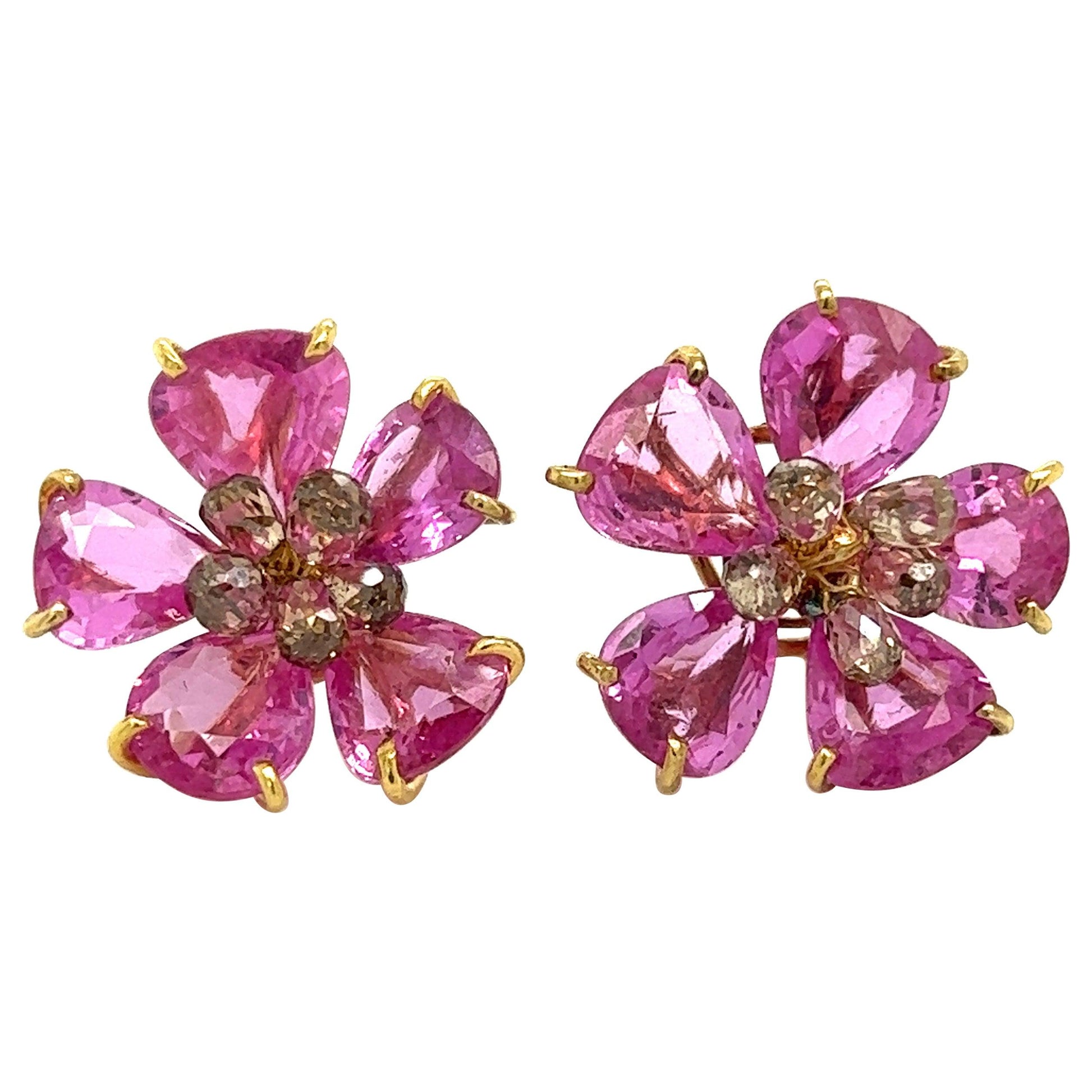 Pink Sapphire & Diamond Floral Earrings 18k Yellow Gold