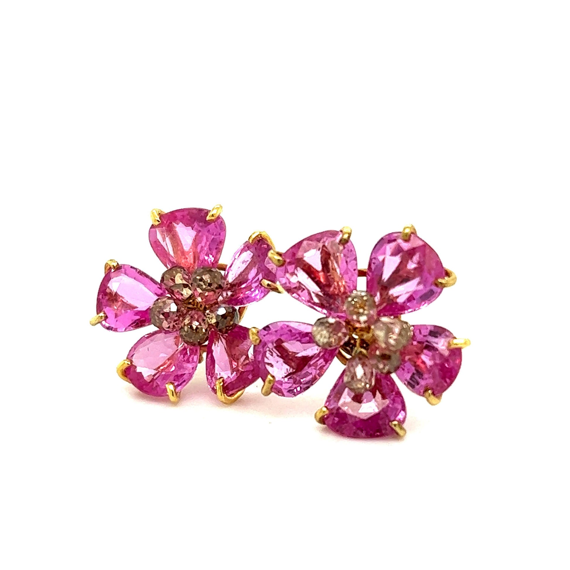 Pink Sapphire & Diamond Floral Earrings 18k Yellow Gold