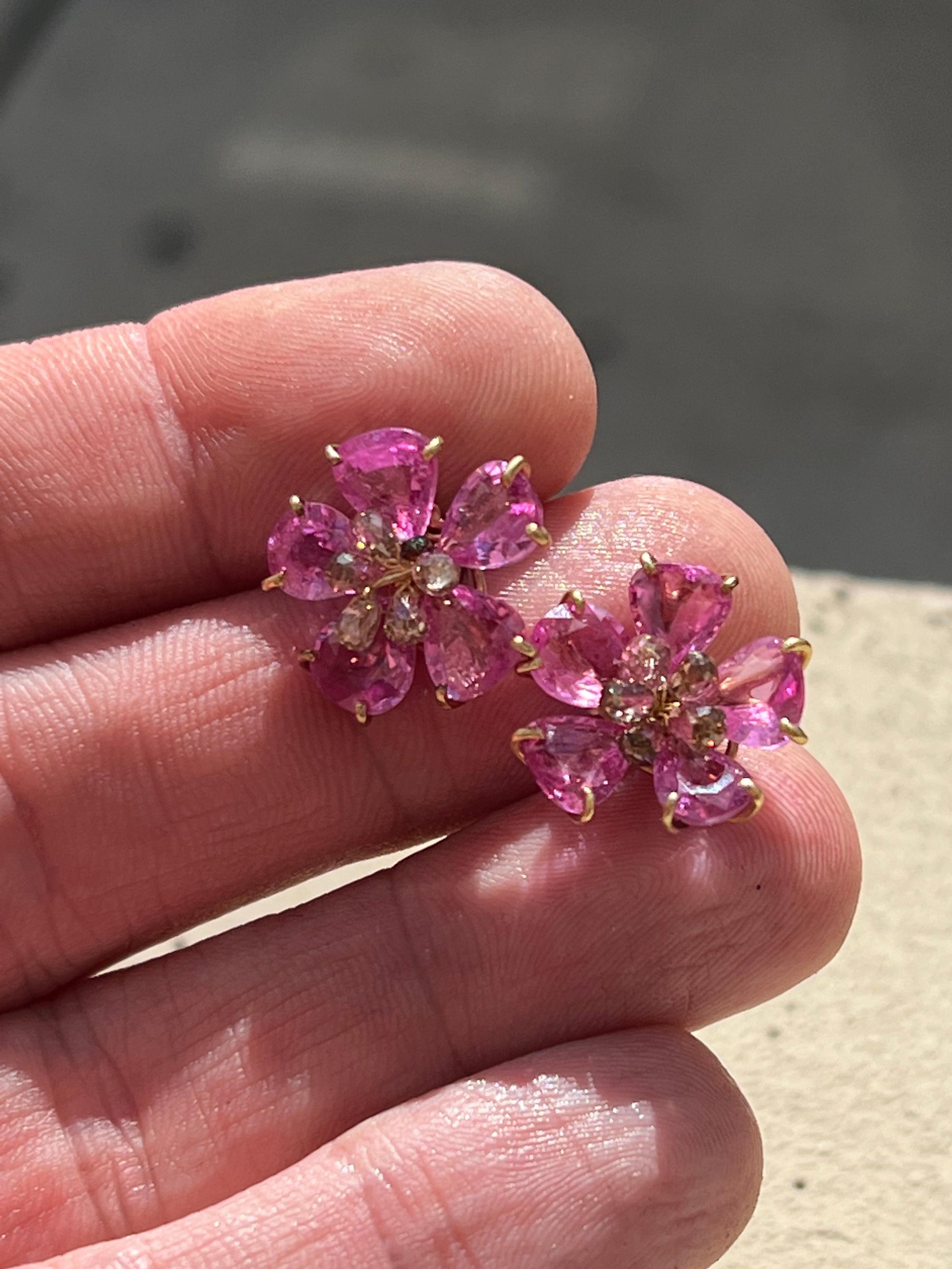 Pink Sapphire & Diamond Floral Earrings 18k Yellow Gold