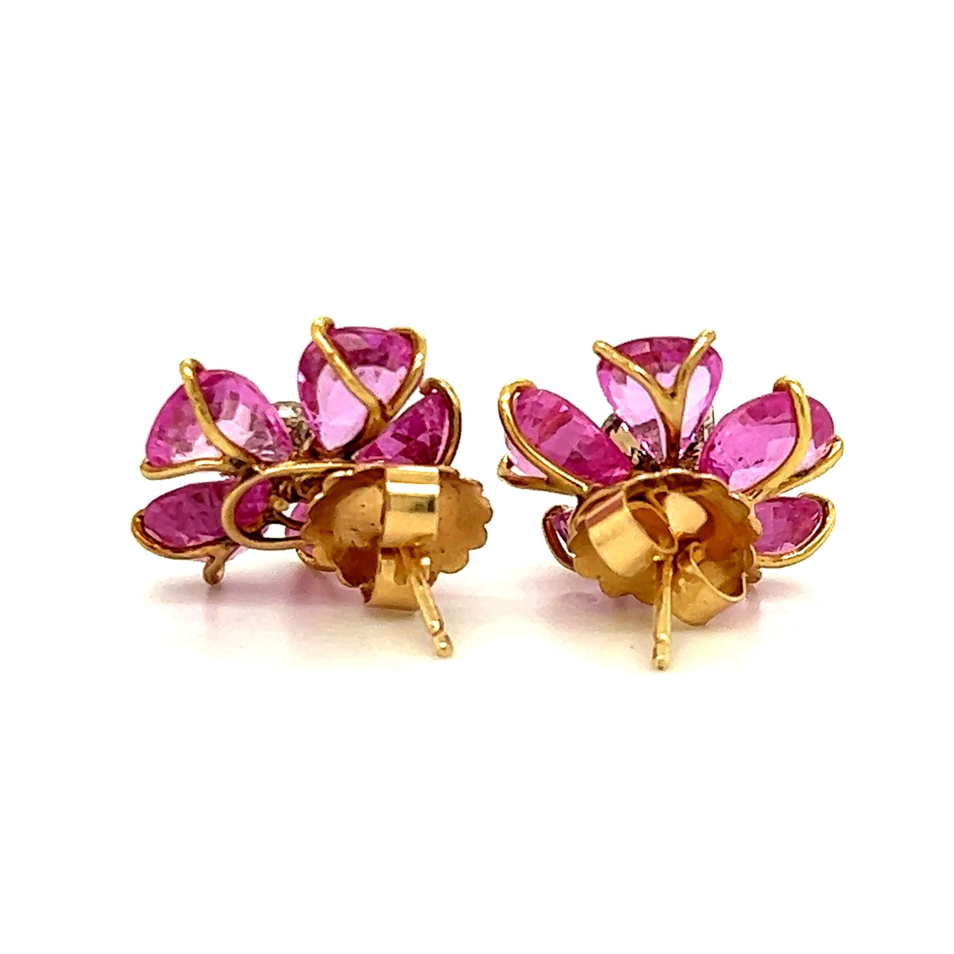 Pink Sapphire & Diamond Floral Earrings 18k Yellow Gold