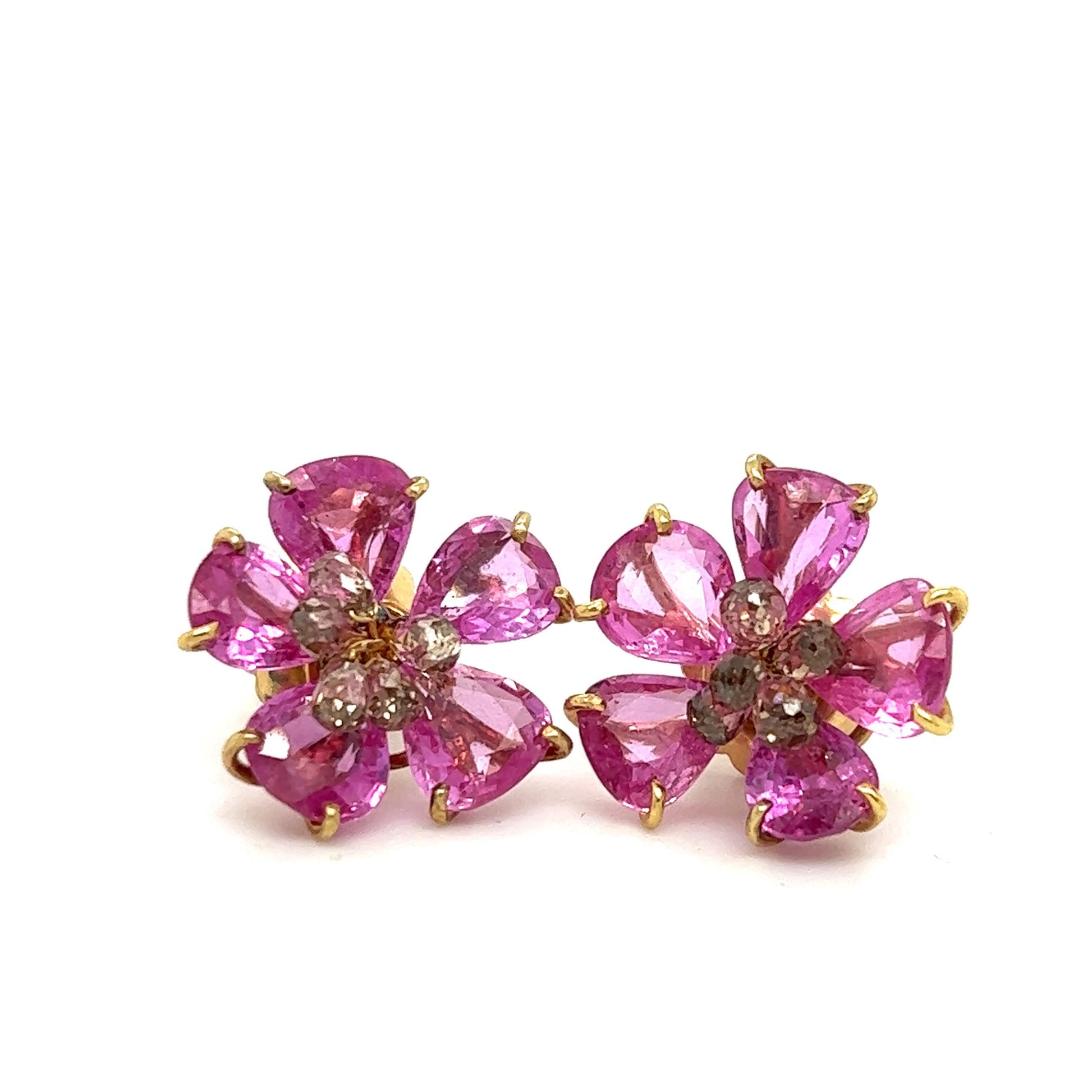 Pink Sapphire & Diamond Floral Earrings 18k Yellow Gold