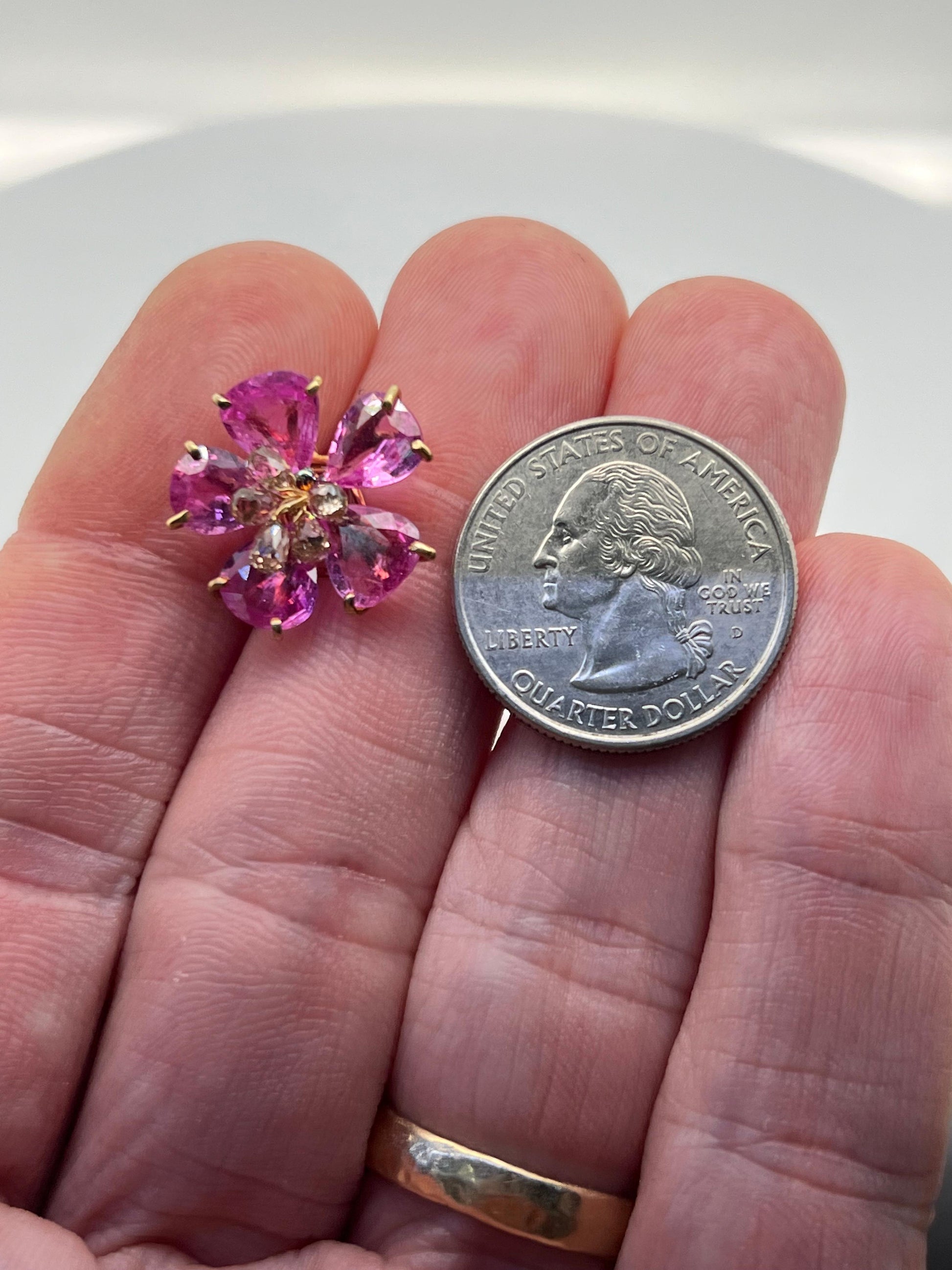 Pink Sapphire & Diamond Floral Earrings 18k Yellow Gold