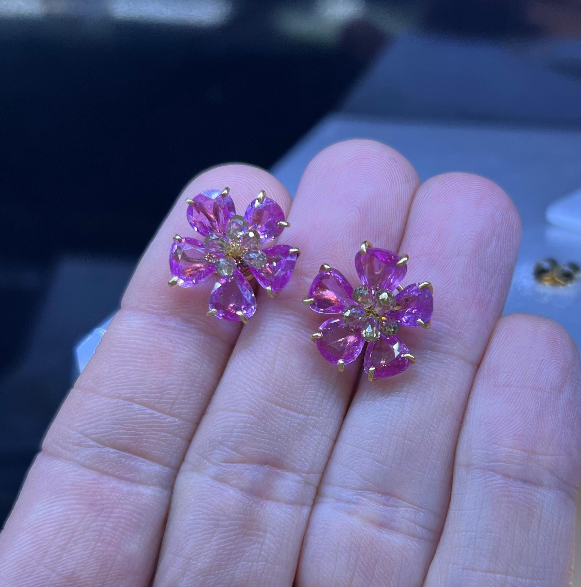 Pink Sapphire & Diamond Floral Earrings 18k Yellow Gold