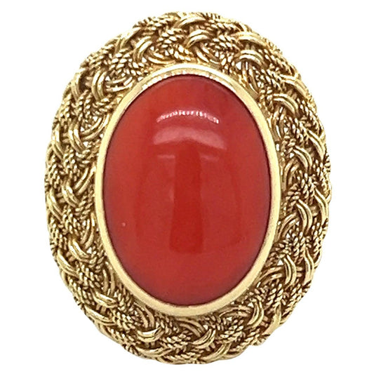 Retro Coral Gemstone 18k Yellow Gold Cocktail Ring