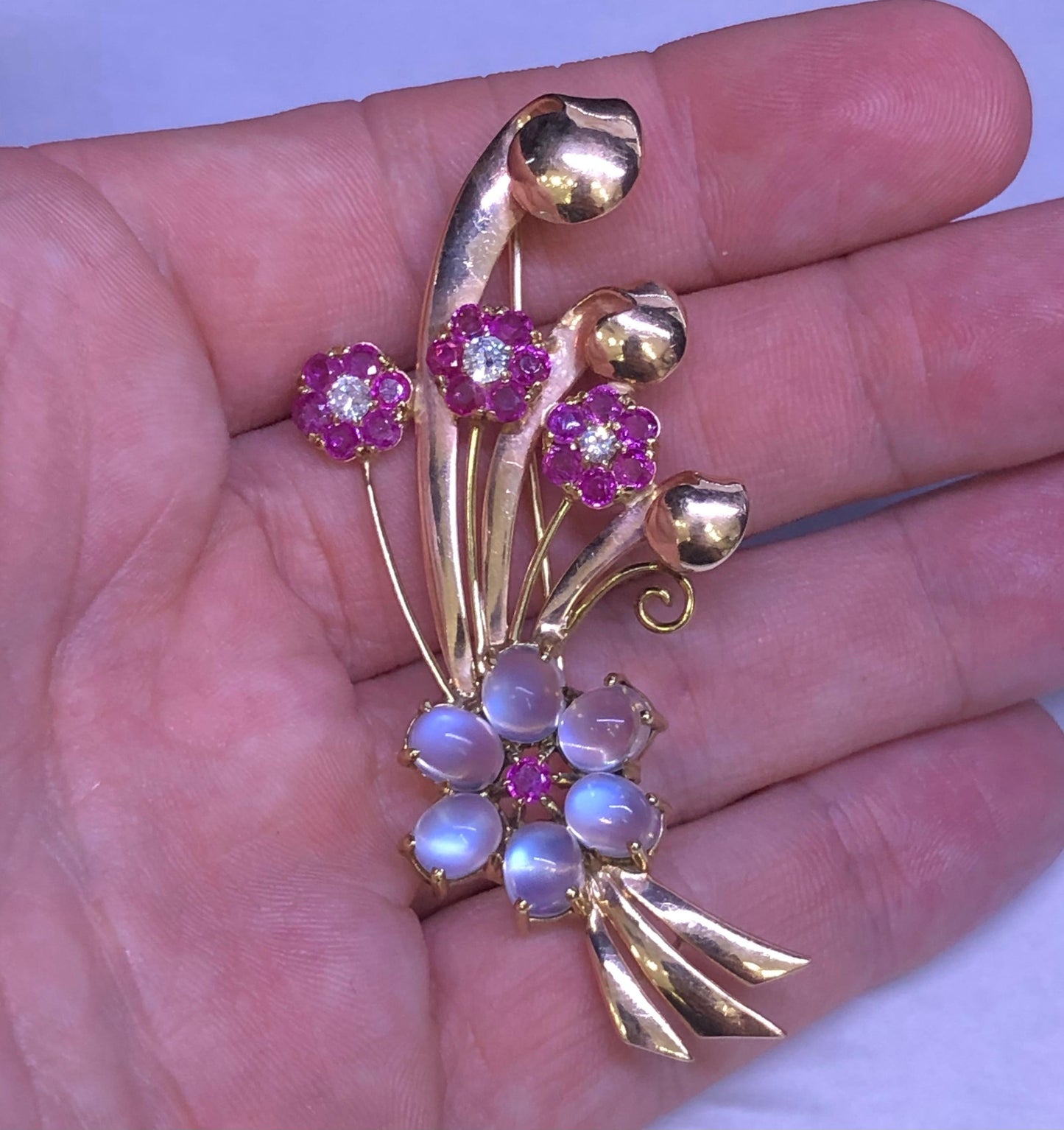 Retro Floral Spray Brooch Diamond Ruby & Moonstone Gemstones 14k