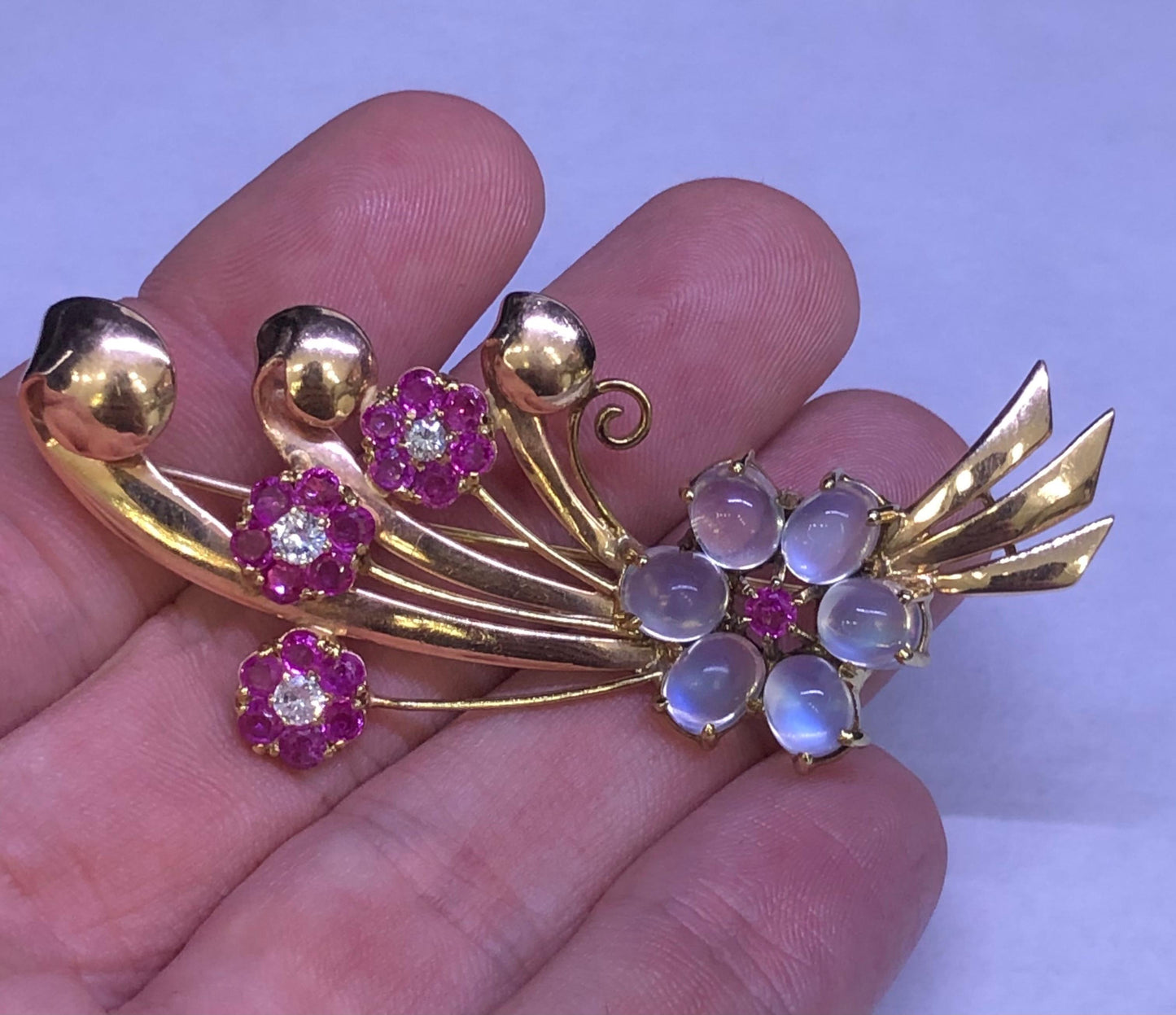 Retro Floral Spray Brooch Diamond Ruby & Moonstone Gemstones 14k