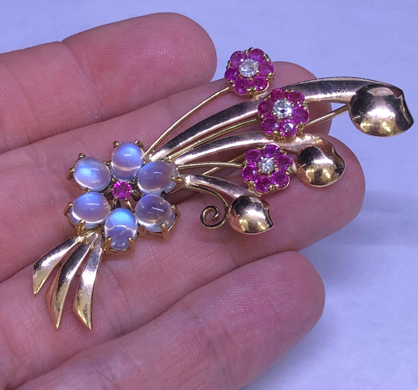 Retro Floral Spray Brooch Diamond Ruby & Moonstone Gemstones 14k