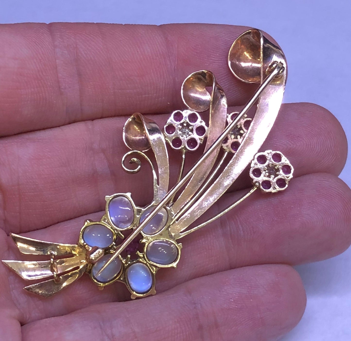 Retro Floral Spray Brooch Diamond Ruby & Moonstone Gemstones 14k