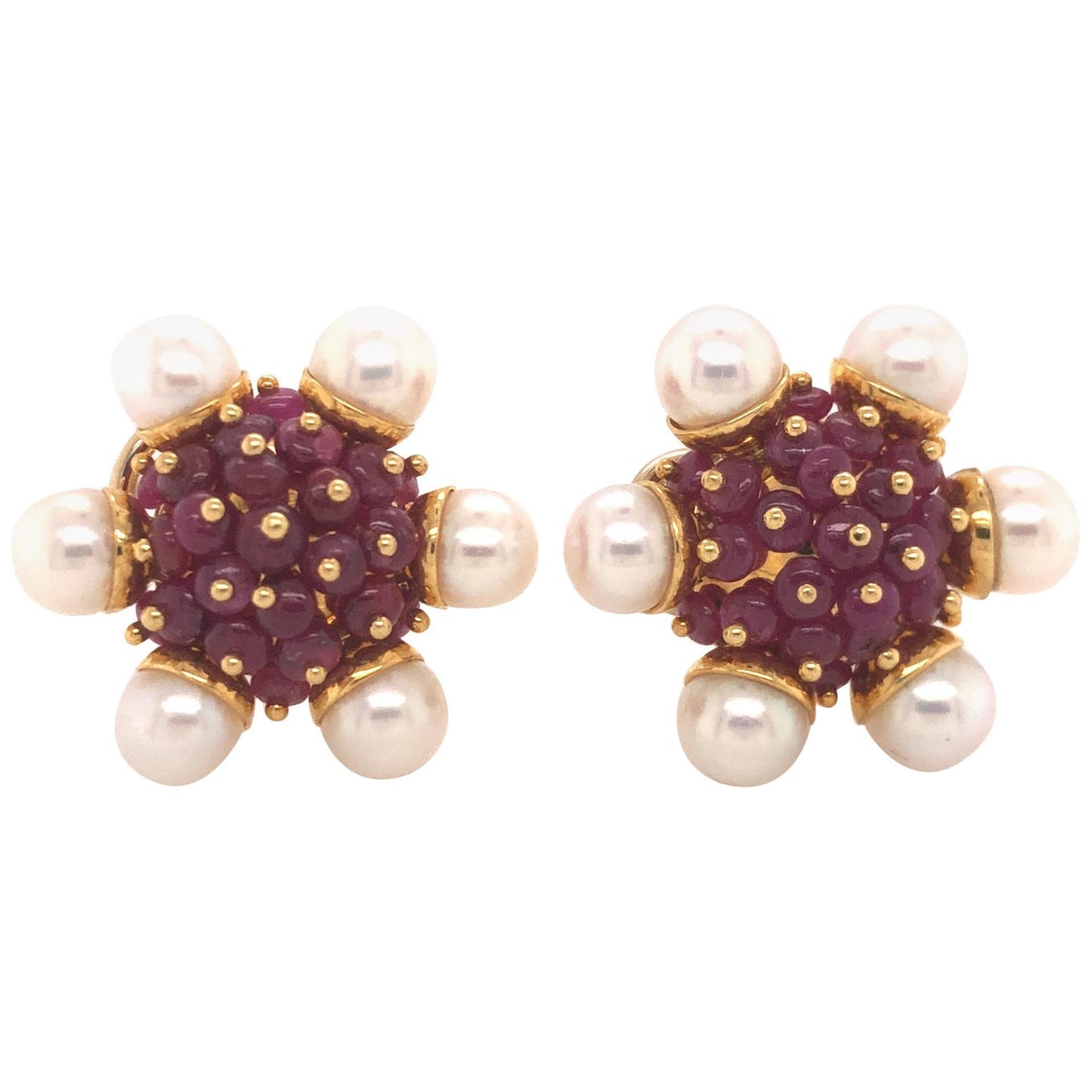 Ruby and Pearl Cluster Earrings 18 Karat Yellow Gold Zancan, Italy