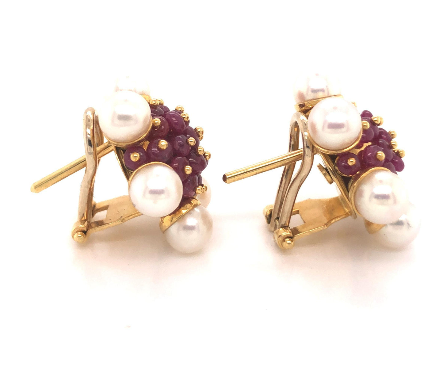 Ruby and Pearl Cluster Earrings 18 Karat Yellow Gold Zancan, Italy