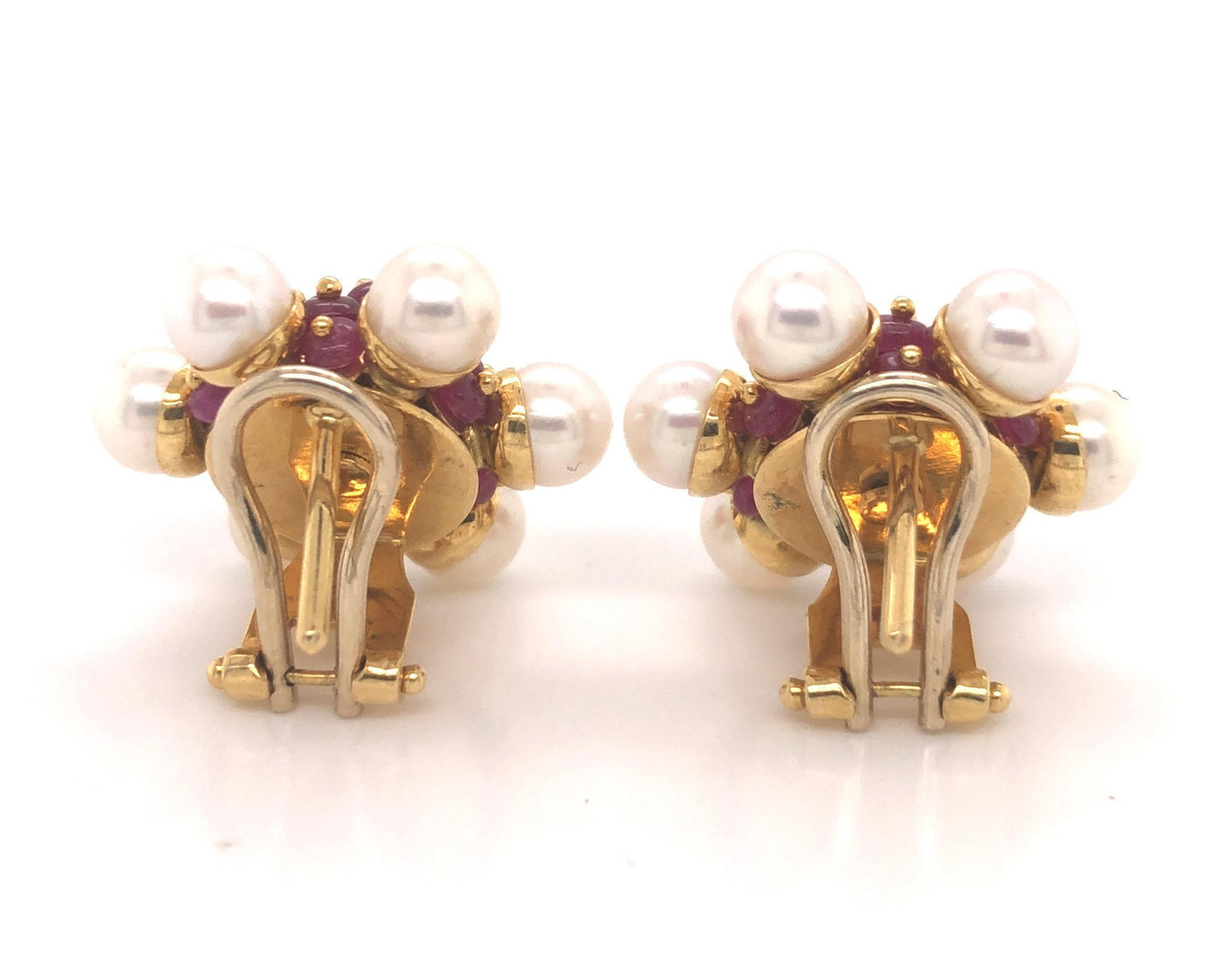 Ruby and Pearl Cluster Earrings 18 Karat Yellow Gold Zancan, Italy