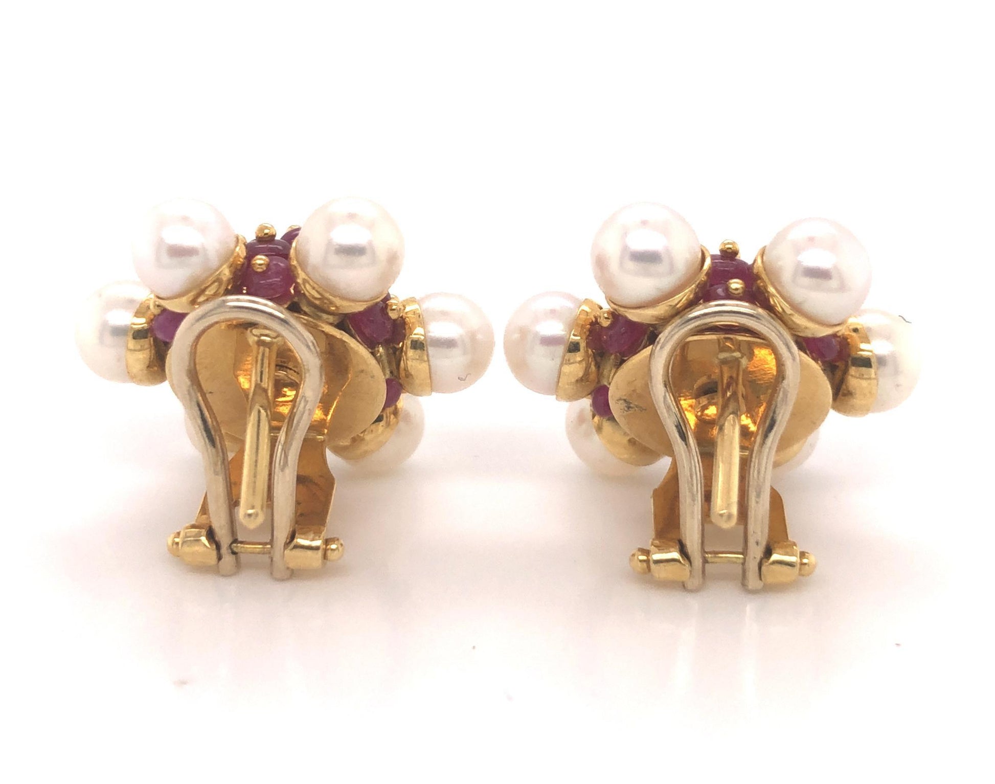 Ruby and Pearl Cluster Earrings 18 Karat Yellow Gold Zancan, Italy