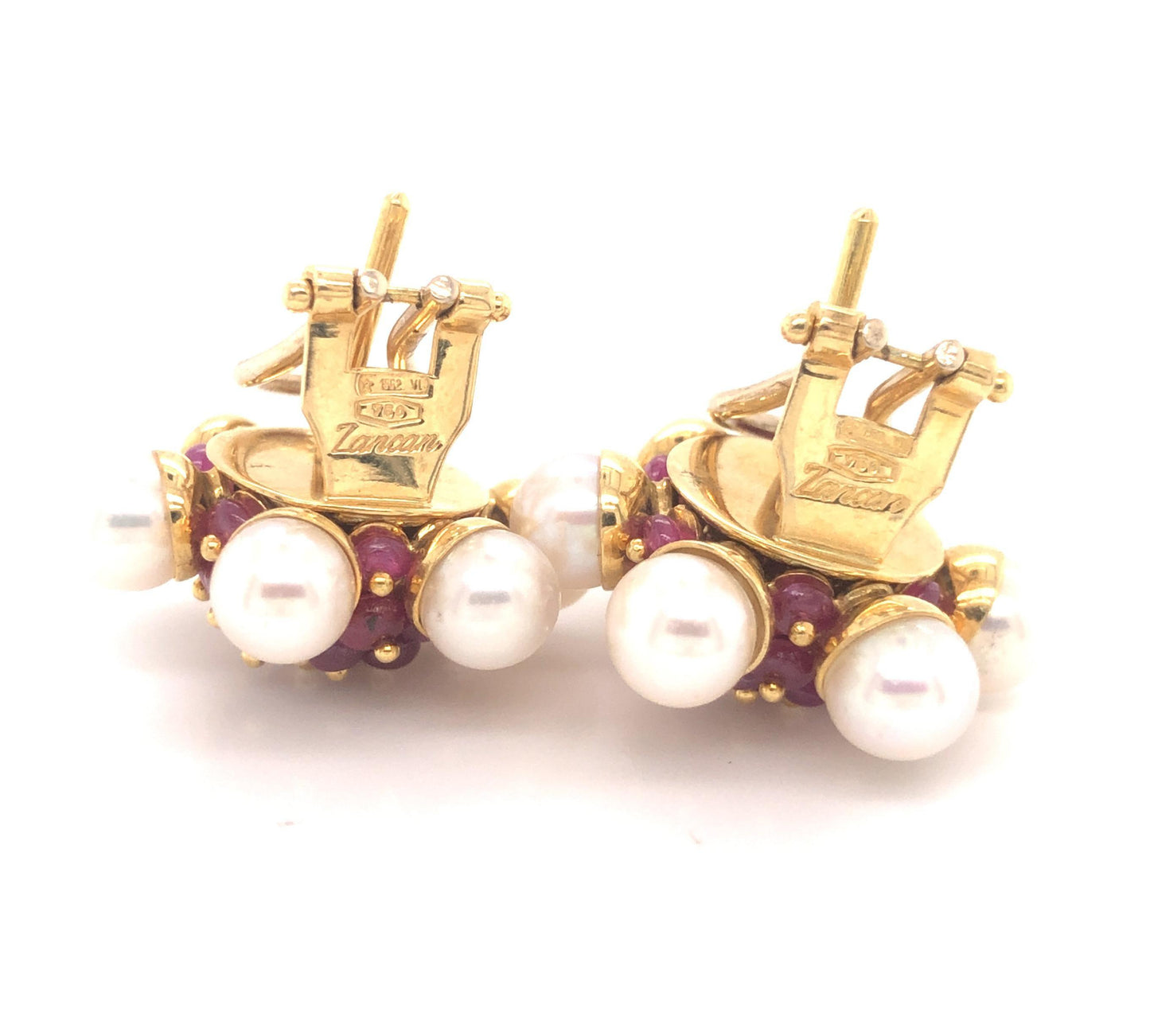 Ruby and Pearl Cluster Earrings 18 Karat Yellow Gold Zancan, Italy