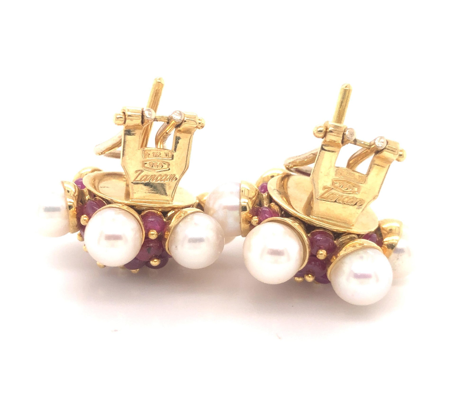 Ruby and Pearl Cluster Earrings 18 Karat Yellow Gold Zancan, Italy