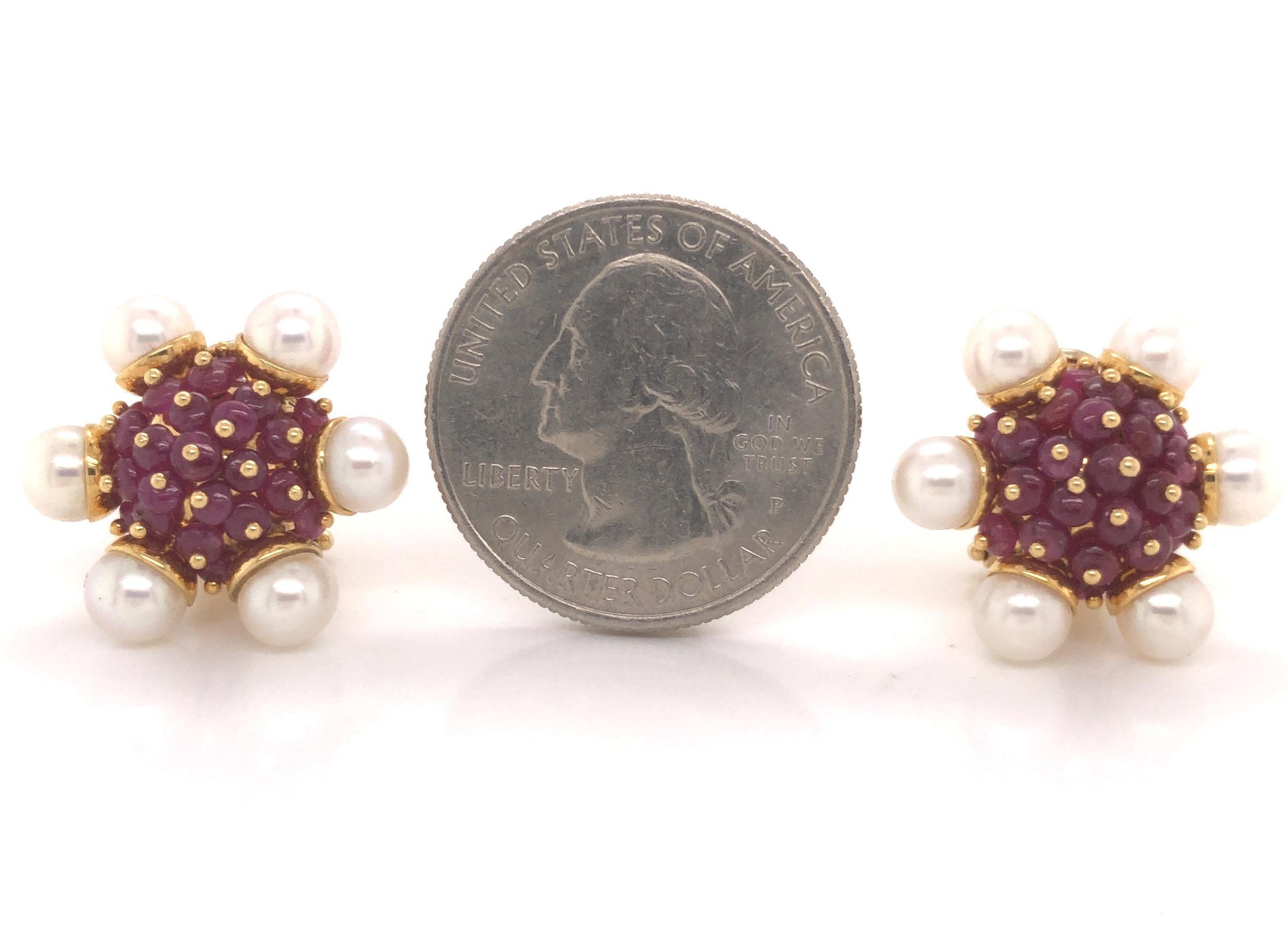 Ruby and Pearl Cluster Earrings 18 Karat Yellow Gold Zancan, Italy